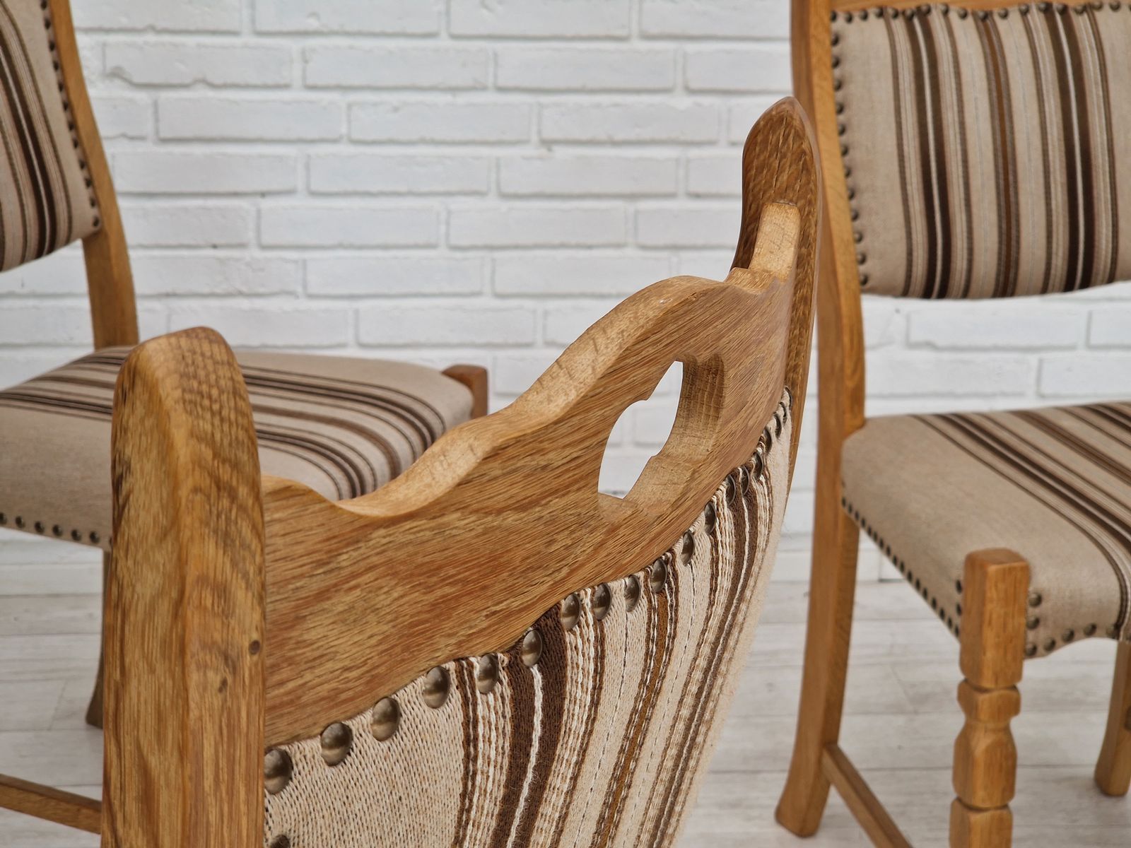 photo for sale 1970s, Danish Design, Dinning Set Of Table And Four Chairs, Oak Wood, Wool.