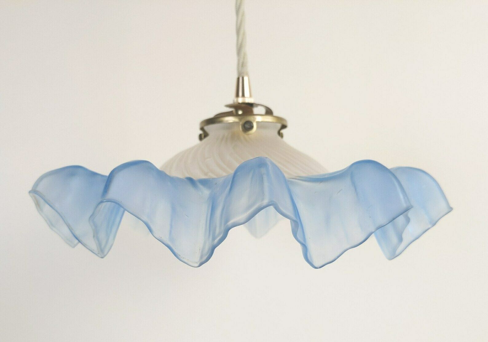 French Blue Glass Ceiling Light With Brass Hardware And Beige Fabric Cable + Porcelain Ceiling Rose, Ruffled Petticoat Pendant Light photo for sale