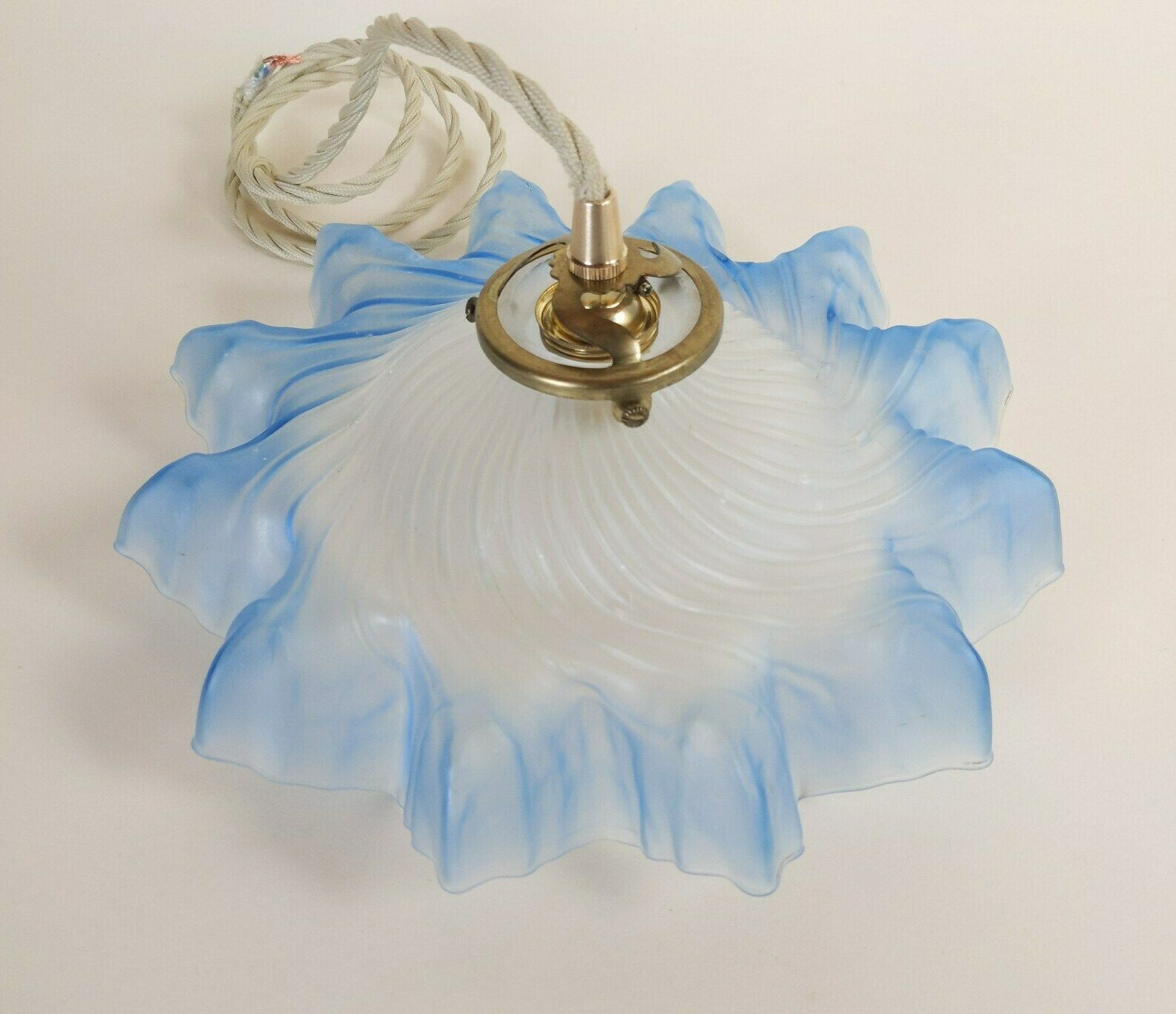 French Blue Glass Ceiling Light With Brass Hardware And Beige Fabric Cable + Porcelain Ceiling Rose, Ruffled Petticoat Pendant Light photo vintage