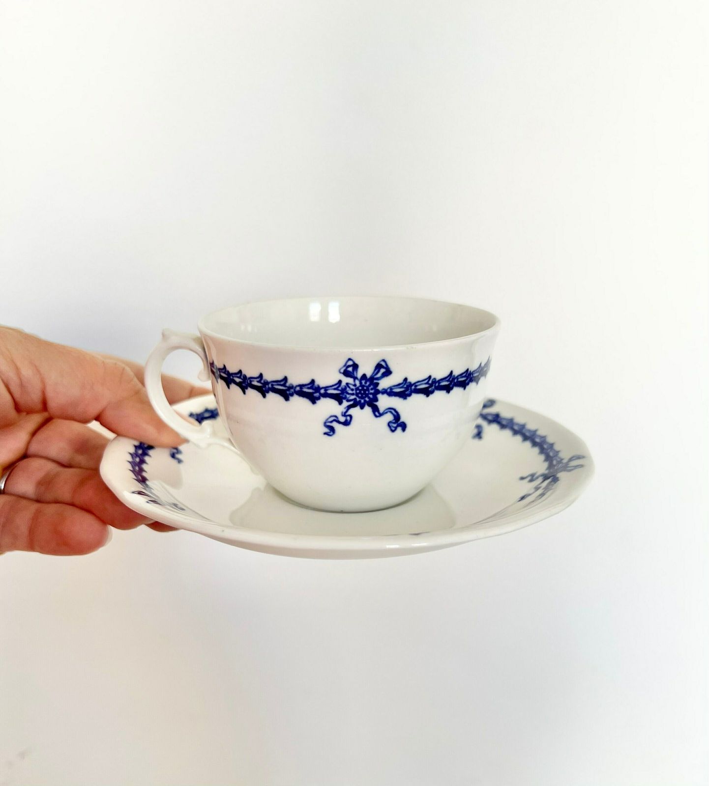 photo for sale Royal Crown Derby   Early 1900 Blue And White Tea Set With Decor Of Garlands And Bows   18 Pieces