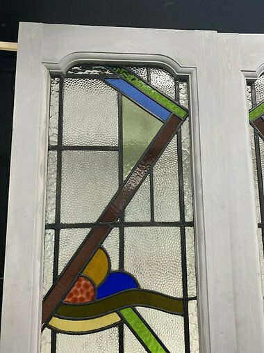 Art Deco Stained Glass French Doors Antique Period Reclaimed Old 20s 30s Leaded photo vinterior