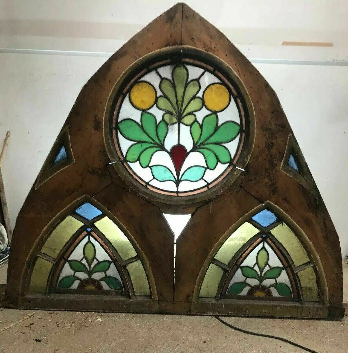 Antique Tudor Church Stained Glass Window Old Arch Period Rare 17th Century Wood