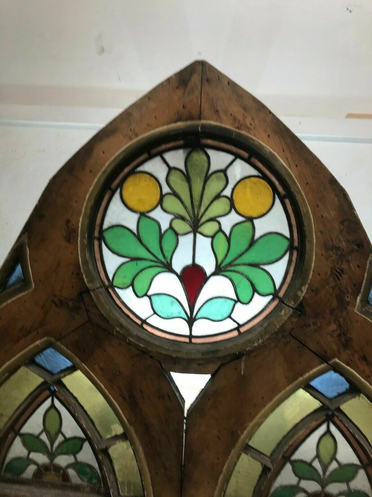 Antique Tudor Church Stained Glass Window Old Arch Period Rare 17th Century Wood photo 2183.0