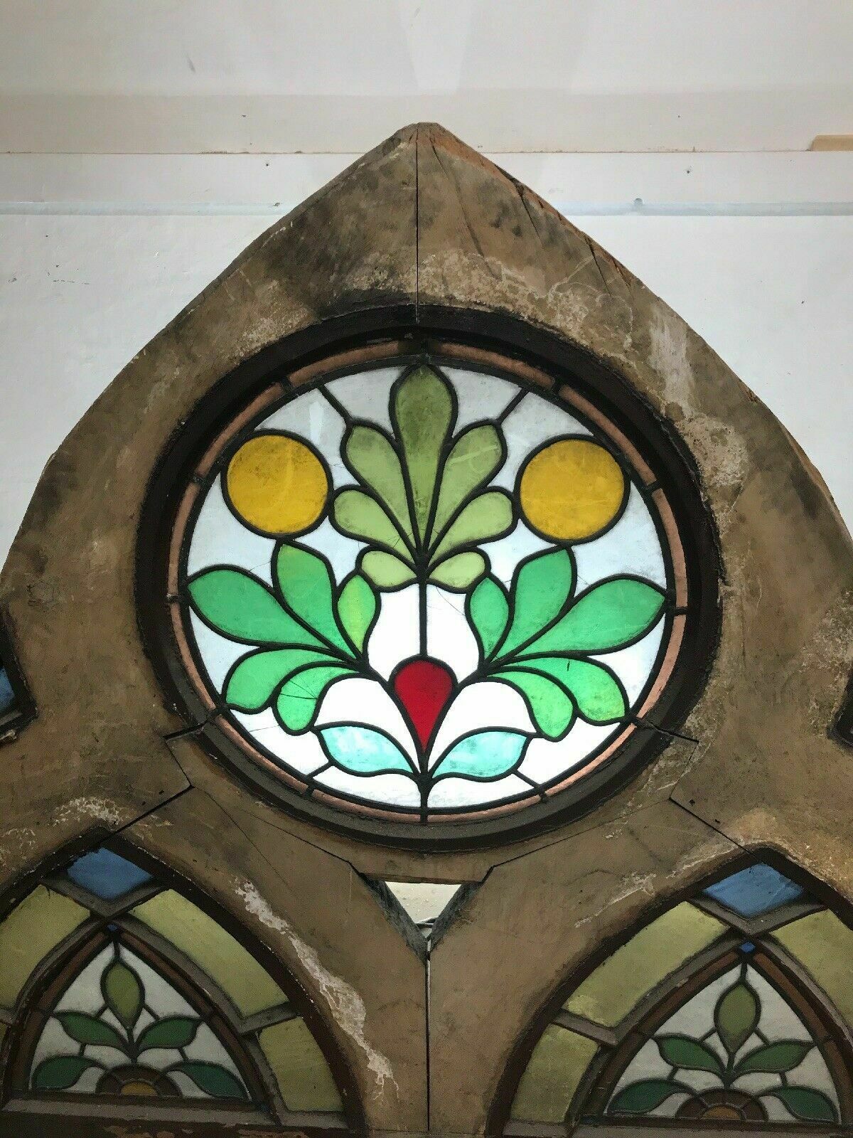 photo for sale Antique Tudor Church Stained Glass Window Old Arch Period Rare 17th Century Wood