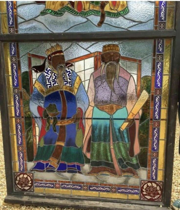 Huge Oriental Hand Painted Stained Glass Window Panel Reclaimed Period Antique photo for sale
