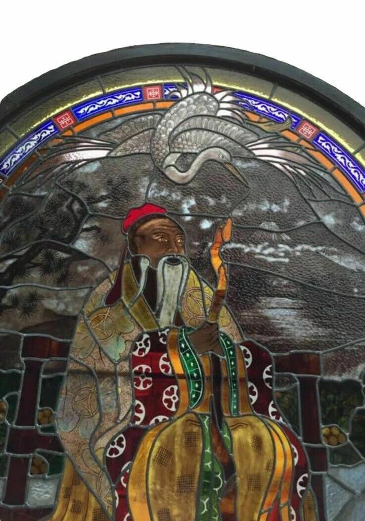 photo for sale Huge Oriental Hand Painted Stained Glass Window Panel Reclaimed Period Antique