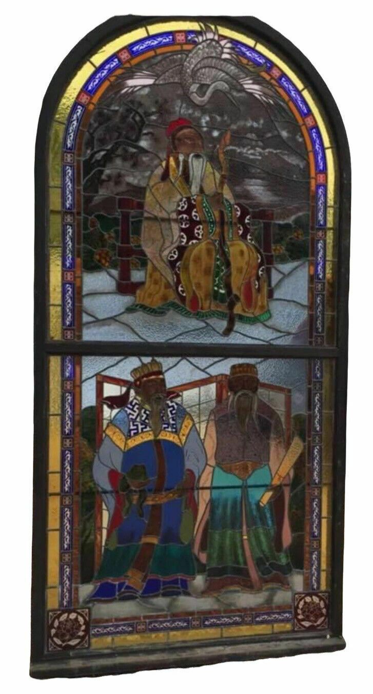Home Fixtures Huge Oriental Hand Painted Stained Glass Window Panel Reclaimed Period Antique photo