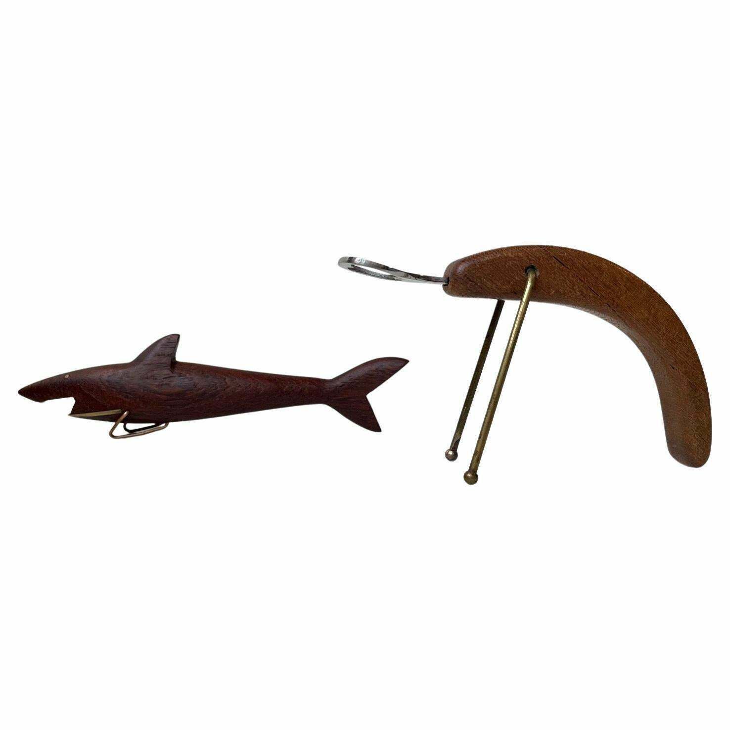 Danish Midcentury Shark & Lobster Figural Bottle Openers In Teak & Brass
