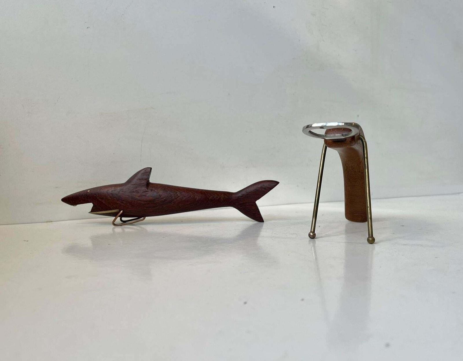 Danish Midcentury Shark & Lobster Figural Bottle Openers In Teak & Brass photo furniture