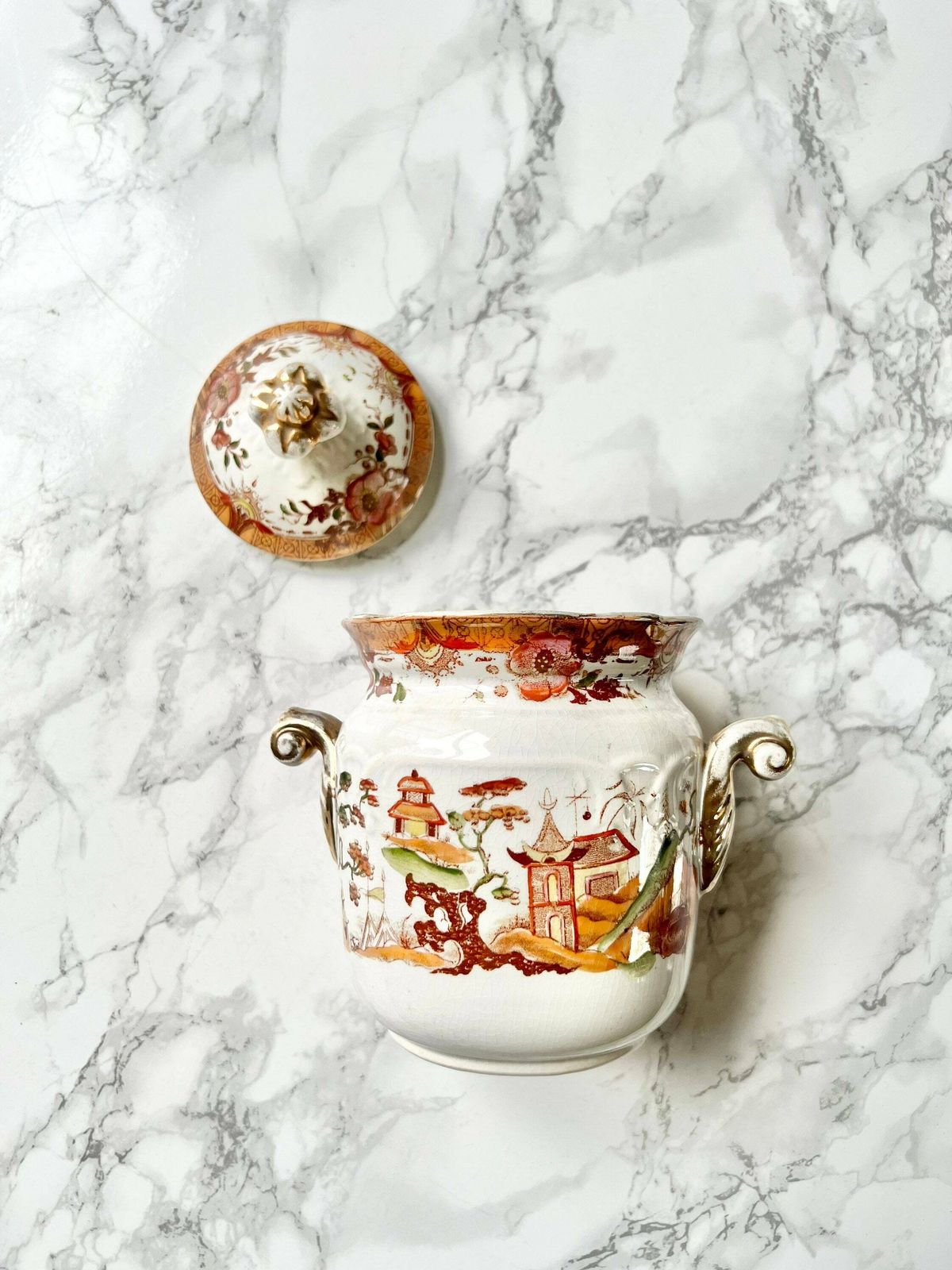 Very Rare Digoin Sarreguemines   Large Antique French Sugar Bowl In White And Gold Transfer Ware Pottery photo furniture