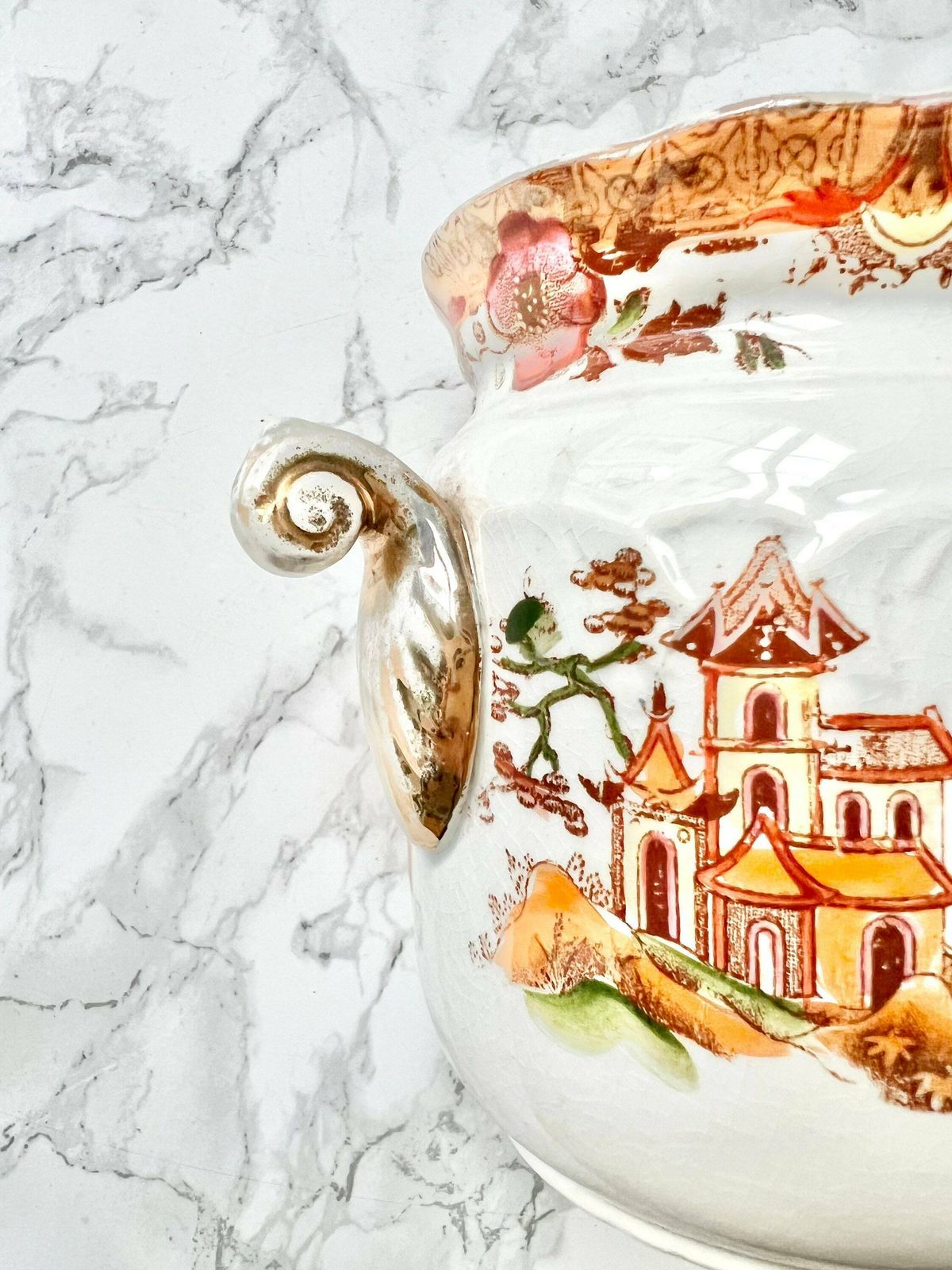 Very Rare Digoin Sarreguemines   Large Antique French Sugar Bowl In White And Gold Transfer Ware Pottery photo 111.0
