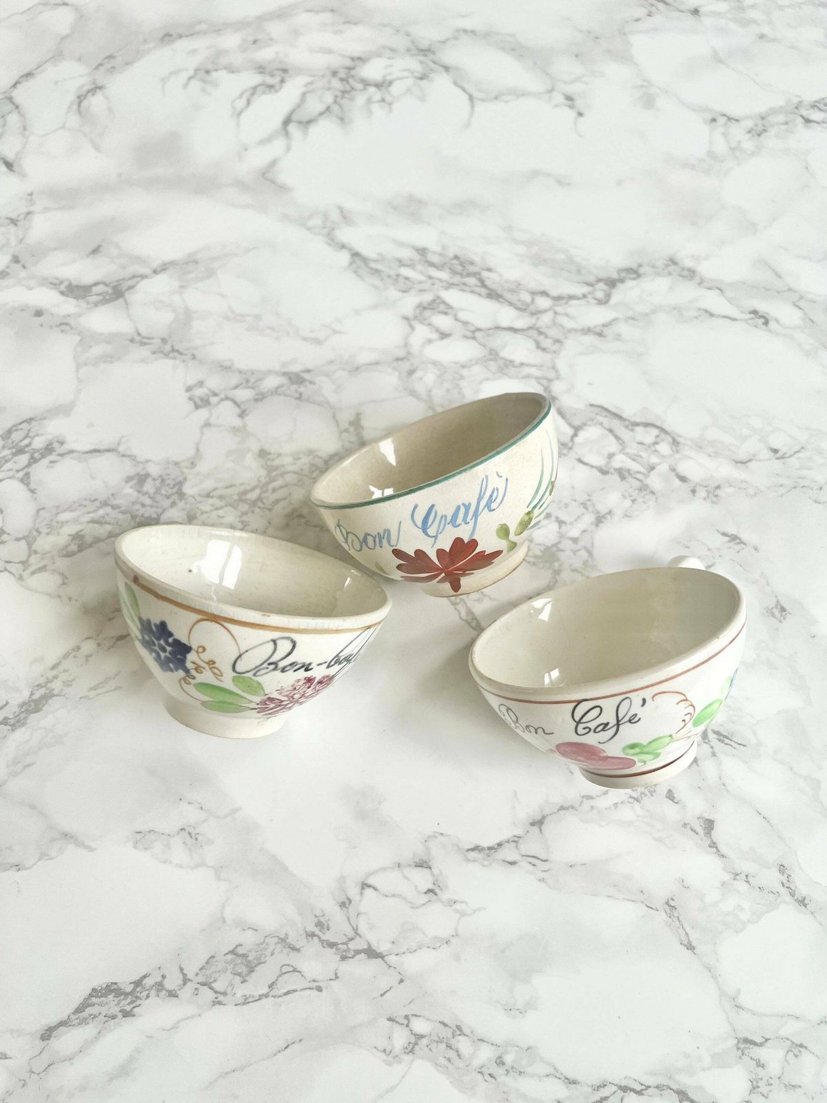 Rare Set Of 3 Antique French Hand Painted Earthenware Coffee Cups