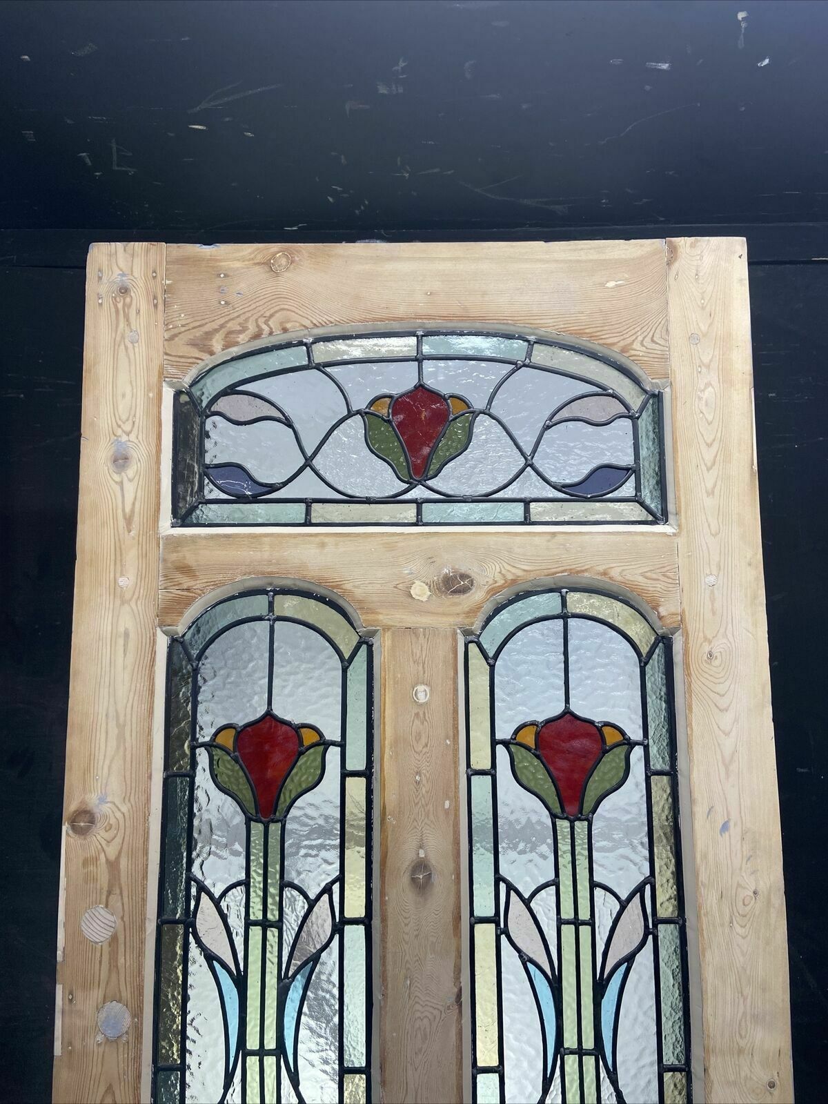 Edwardian Front Door Period Stained Glass Old Reclaimed Antique Lead Wood Pine photo vintage