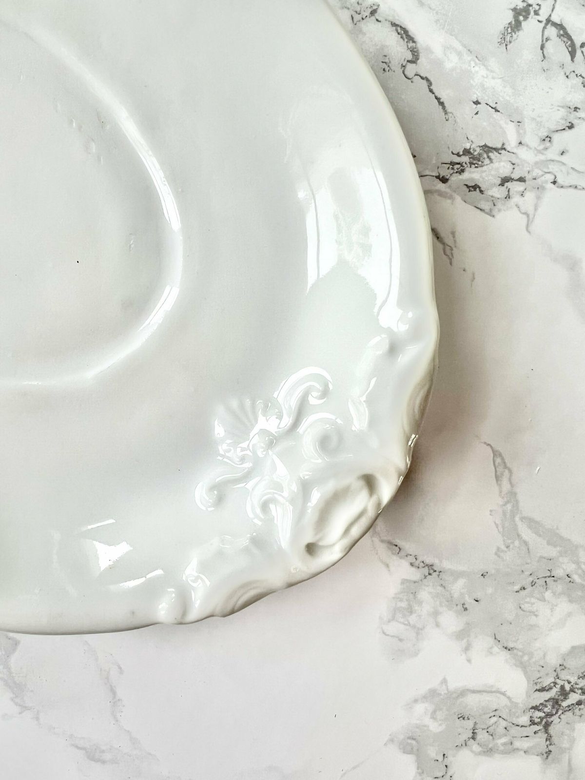 Antique Large Sauce Boat And Its White Ironstone Tray With Raised Molded Decoration photo for sale