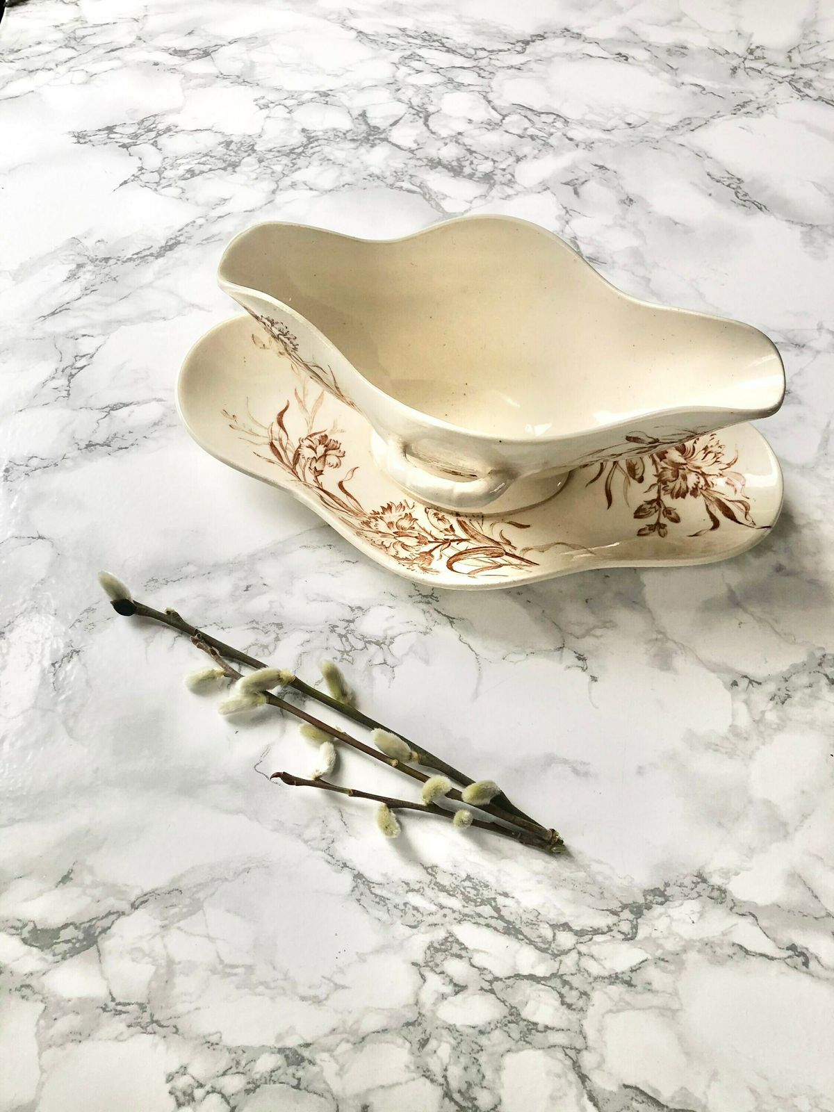 Manufacture Française De Gien   Large Gravy Boat With Transfer Decor In Sepia With Eyelets   Eyelet Pattern