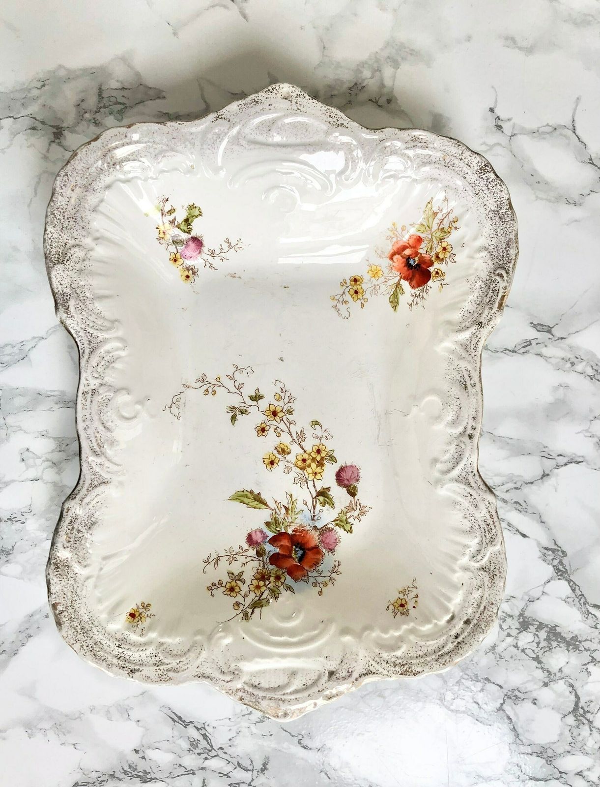 Imperial Bonn   Pair Of Antique 1800 Rectangular Molded Porcelain Bowls, Gilded And Hand Painted With Flowers photo vinterior