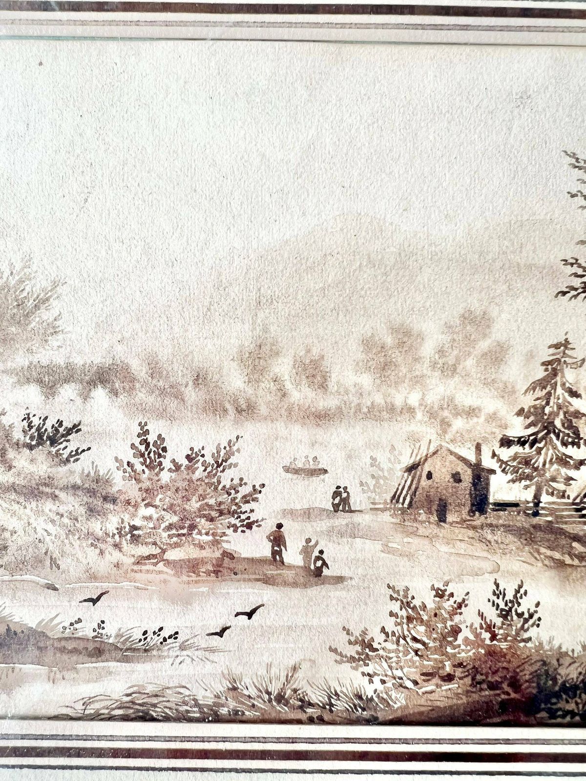 Antique French Painting In Sepia Ink Representing Figures In A Lake Landscape   19th Century   Antiqueframe photo furniture