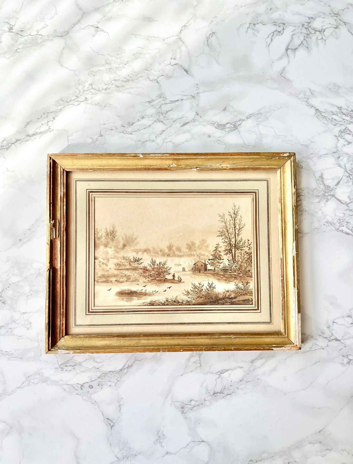 Antique French Painting In Sepia Ink Representing Figures In A Lake Landscape   19th Century   Antiqueframe photo for sale