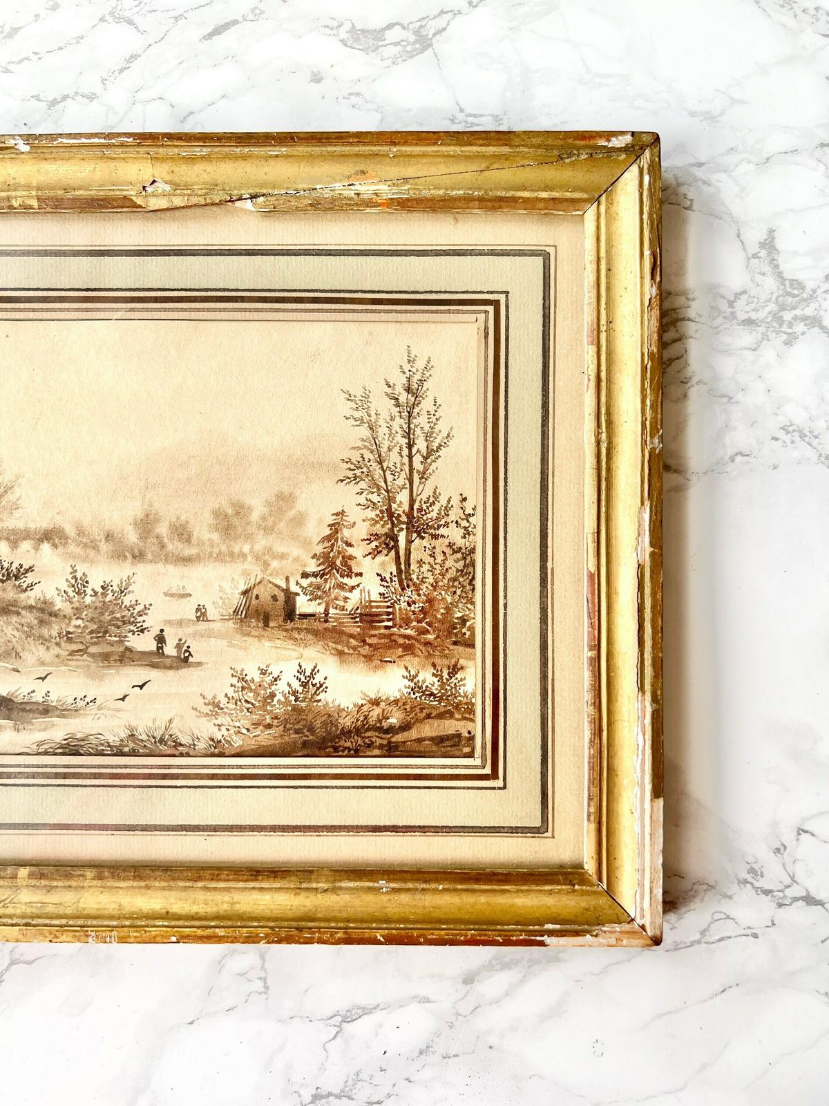Antique French Painting In Sepia Ink Representing Figures In A Lake Landscape   19th Century   Antiqueframe photo 128.0