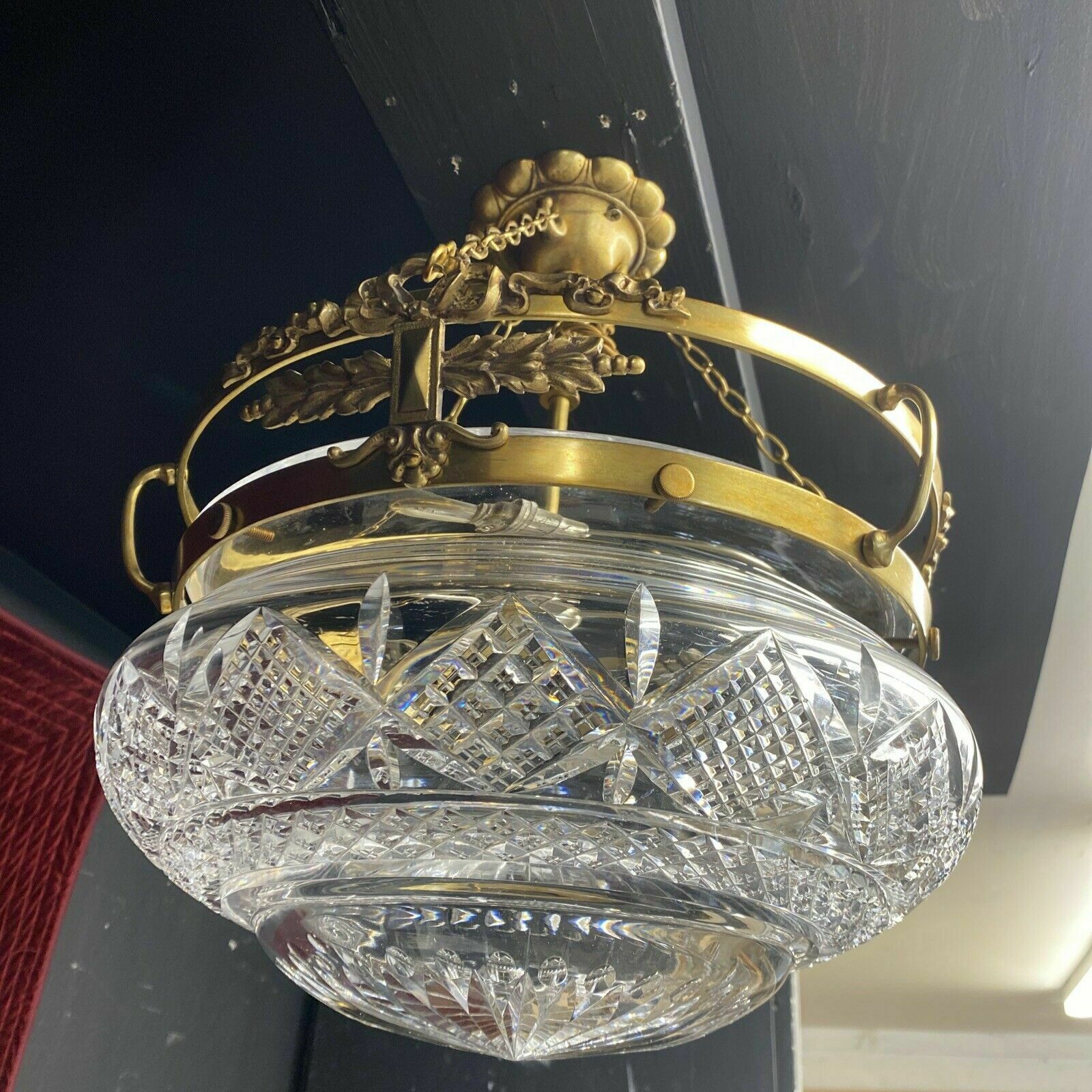 Antique Gilt Brass Cut Lead Crystal Ceiling Bowl Louis XV 19th Century Light photo vintage