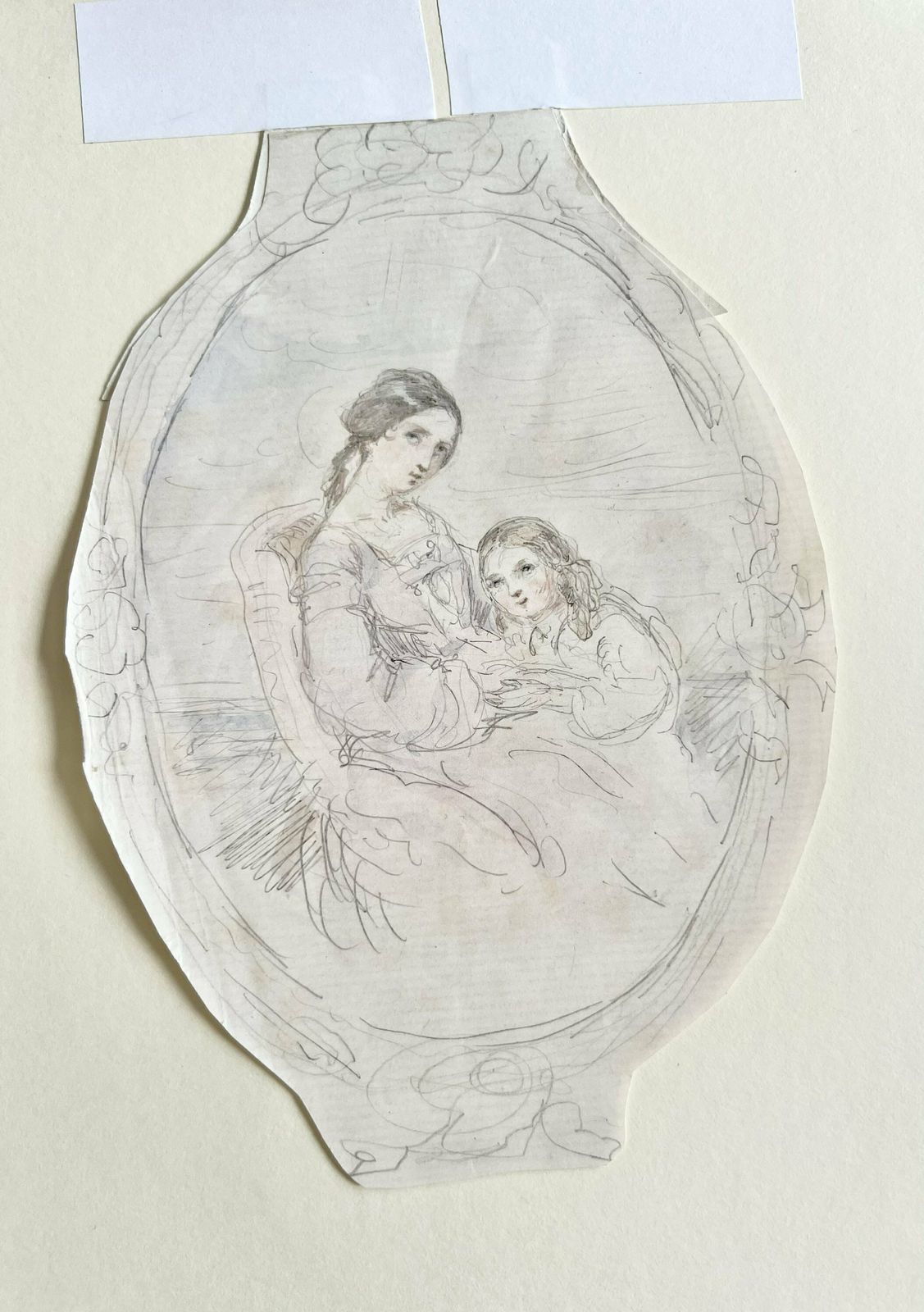 Antique Watercolored Pencil Drawing Showing A Victorian Woman And Her Child   In An Oval View Mount photo for sale