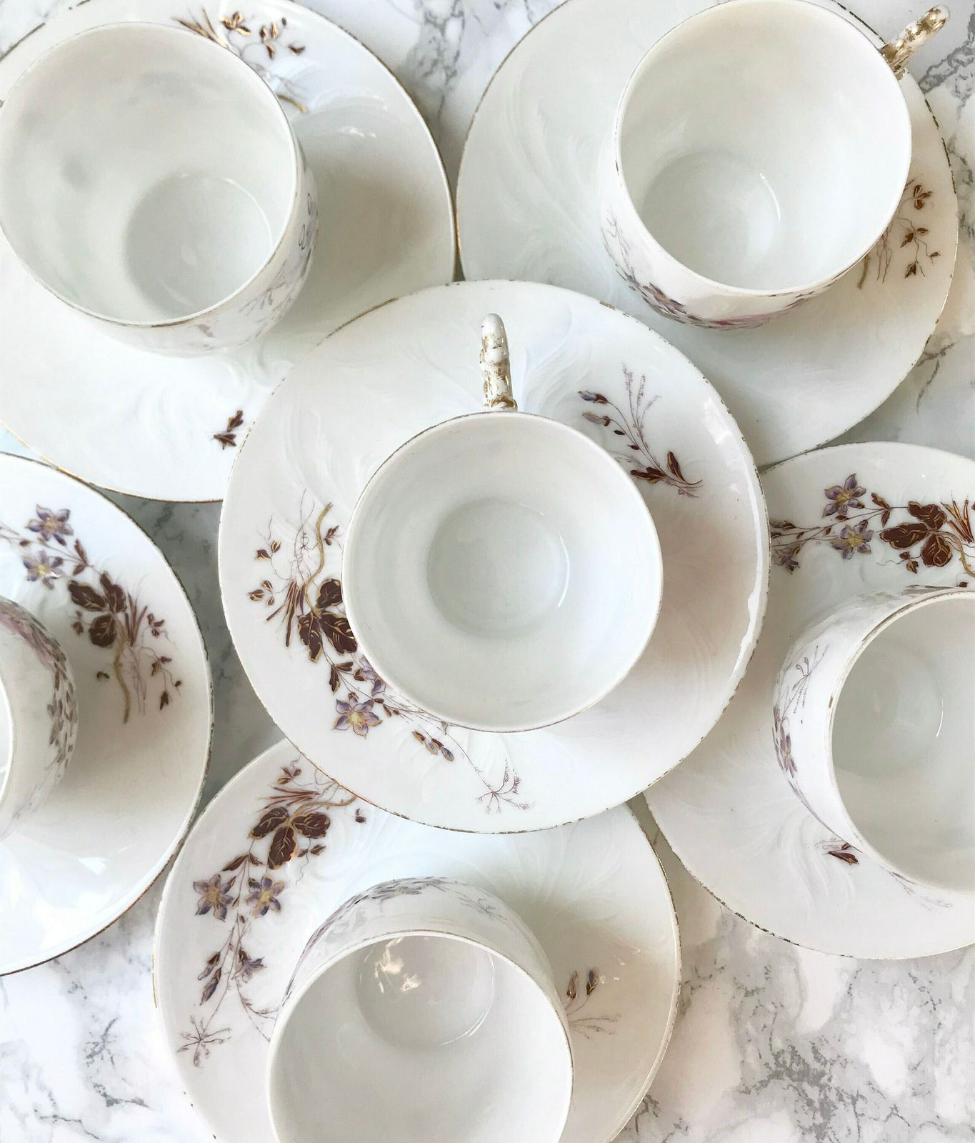 Very Elegant Set Of 6 French Porcelain Cups And Saucers Decorated With Flowers photo vinterior
