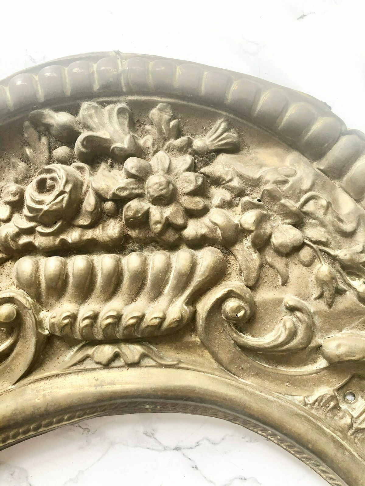 Rare Old French Clock Pediment In Gilded Metal Decorated With Flowers And Shells photo furniture