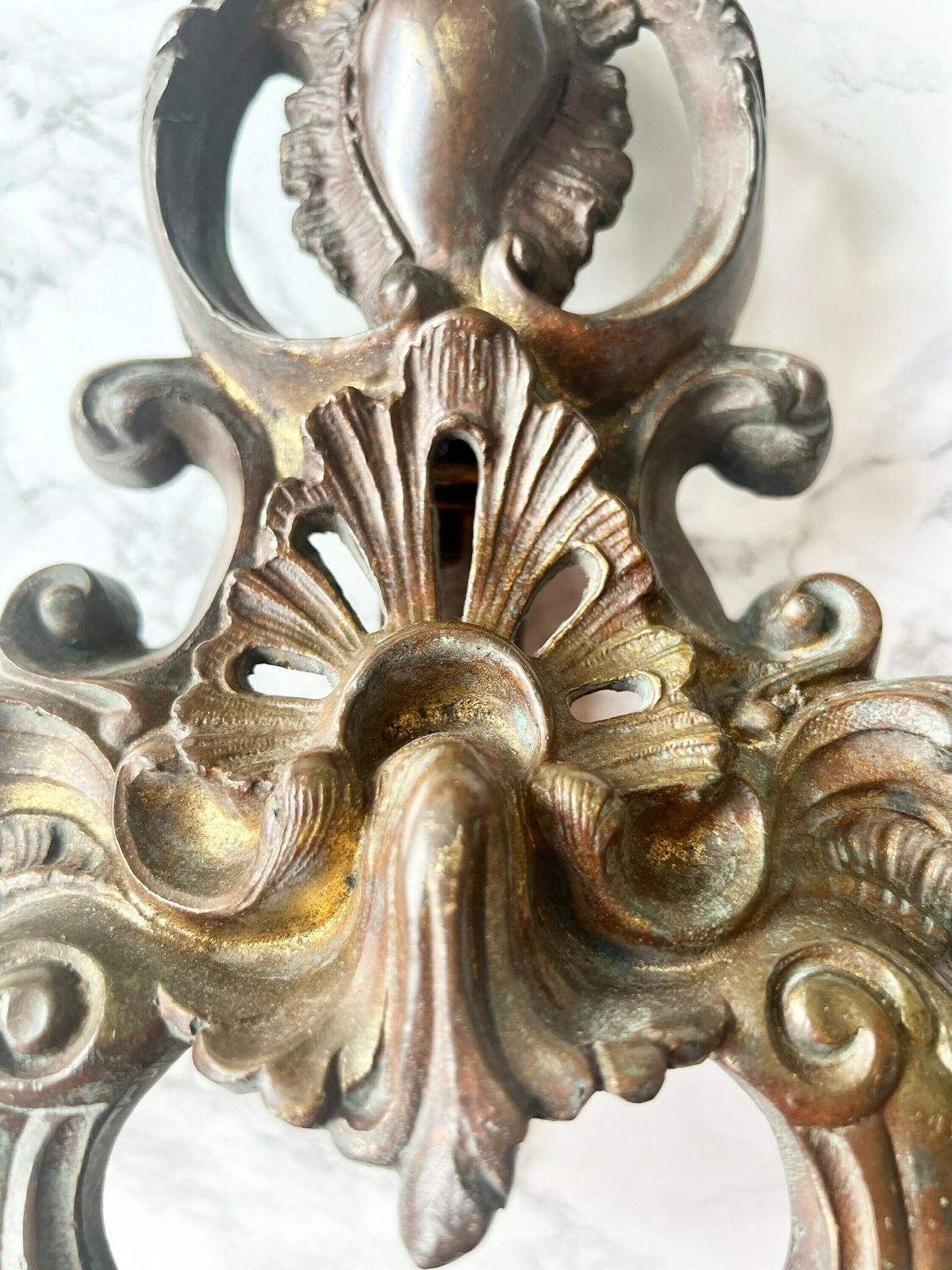 Pair Of Antique French Fire Dogs In Solid Bronze Formerly Gilded   Baroque Motifs Of Burning Hearts photo for sale