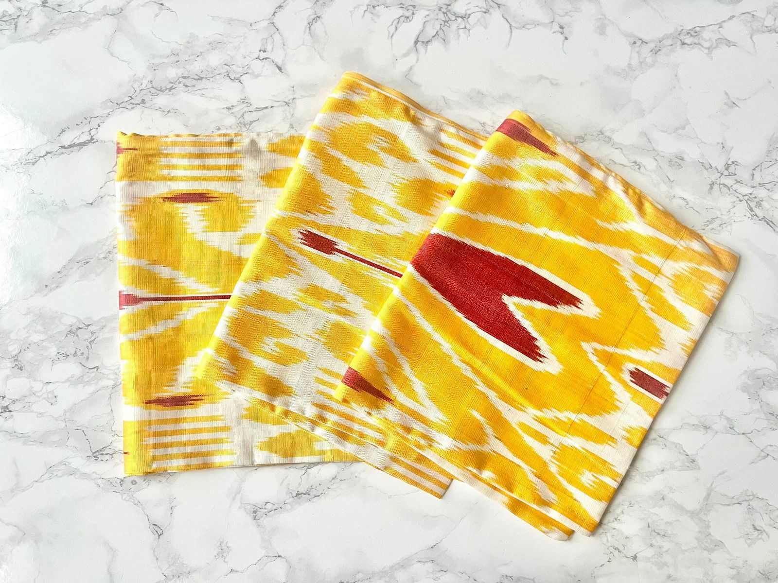 3 Handcrafted Ikat Pattern Silk Cushion Covers   Red, Yellow And White
