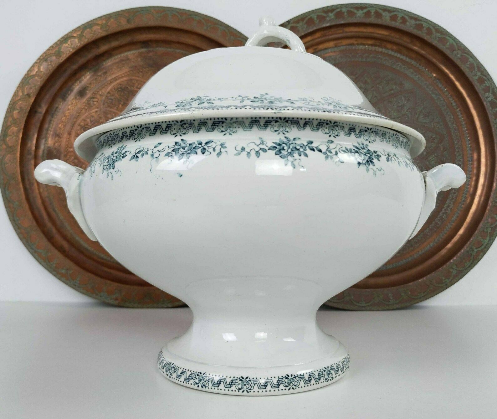 Antique French St Amand White And Blue Ironstone Pedestal Tureen, Rustic French Kitchen Pottery Serving Dish, Ceramic Table Centerpiece photo furniture