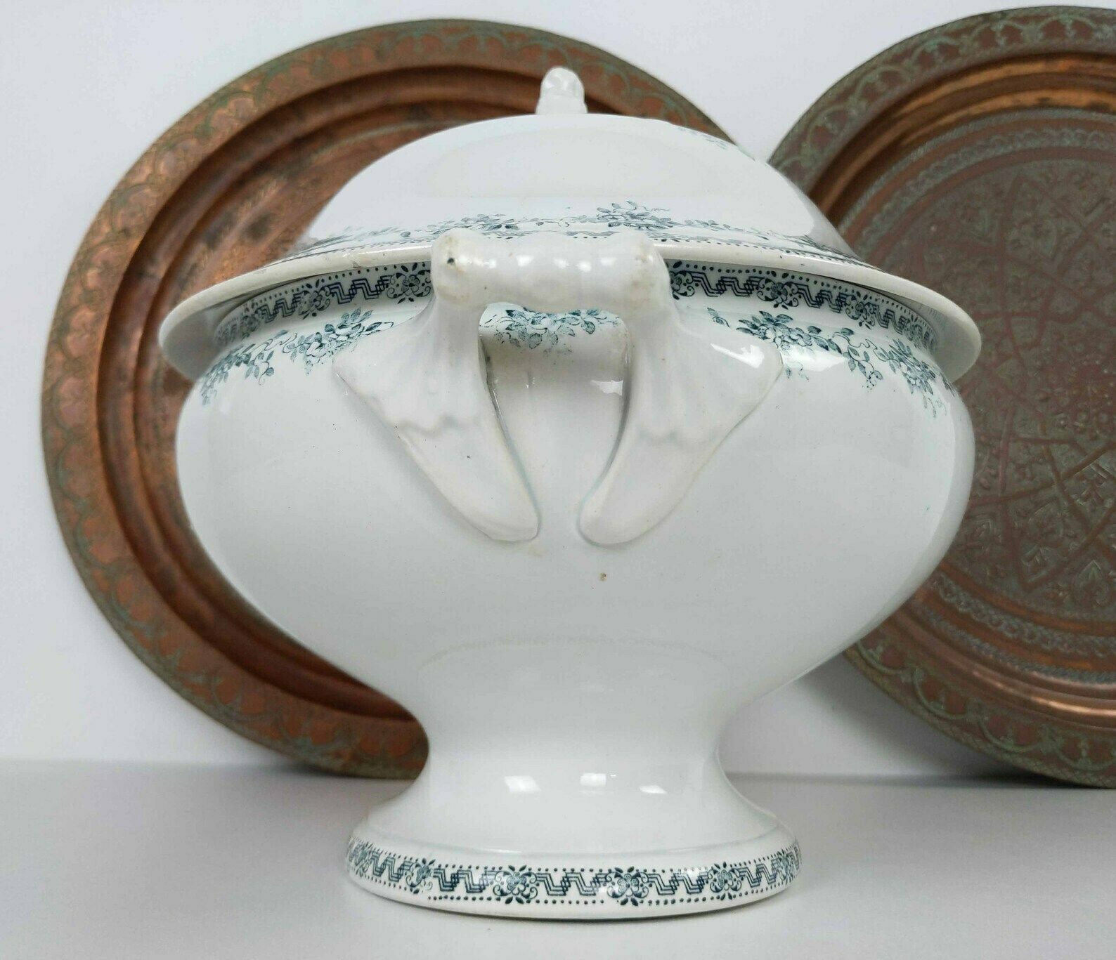 photo furniture Antique French St Amand White And Blue Ironstone Pedestal Tureen, Rustic French Kitchen Pottery Serving Dish, Ceramic Table Centerpiece