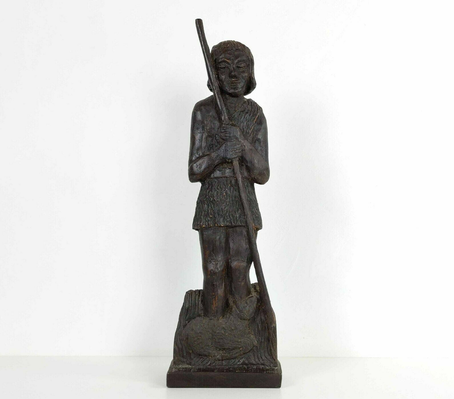 Large 1960s French Wood Sculpture Of A Shepherd And Sheep, Mid Century Handmade Wooden Statue photo Art