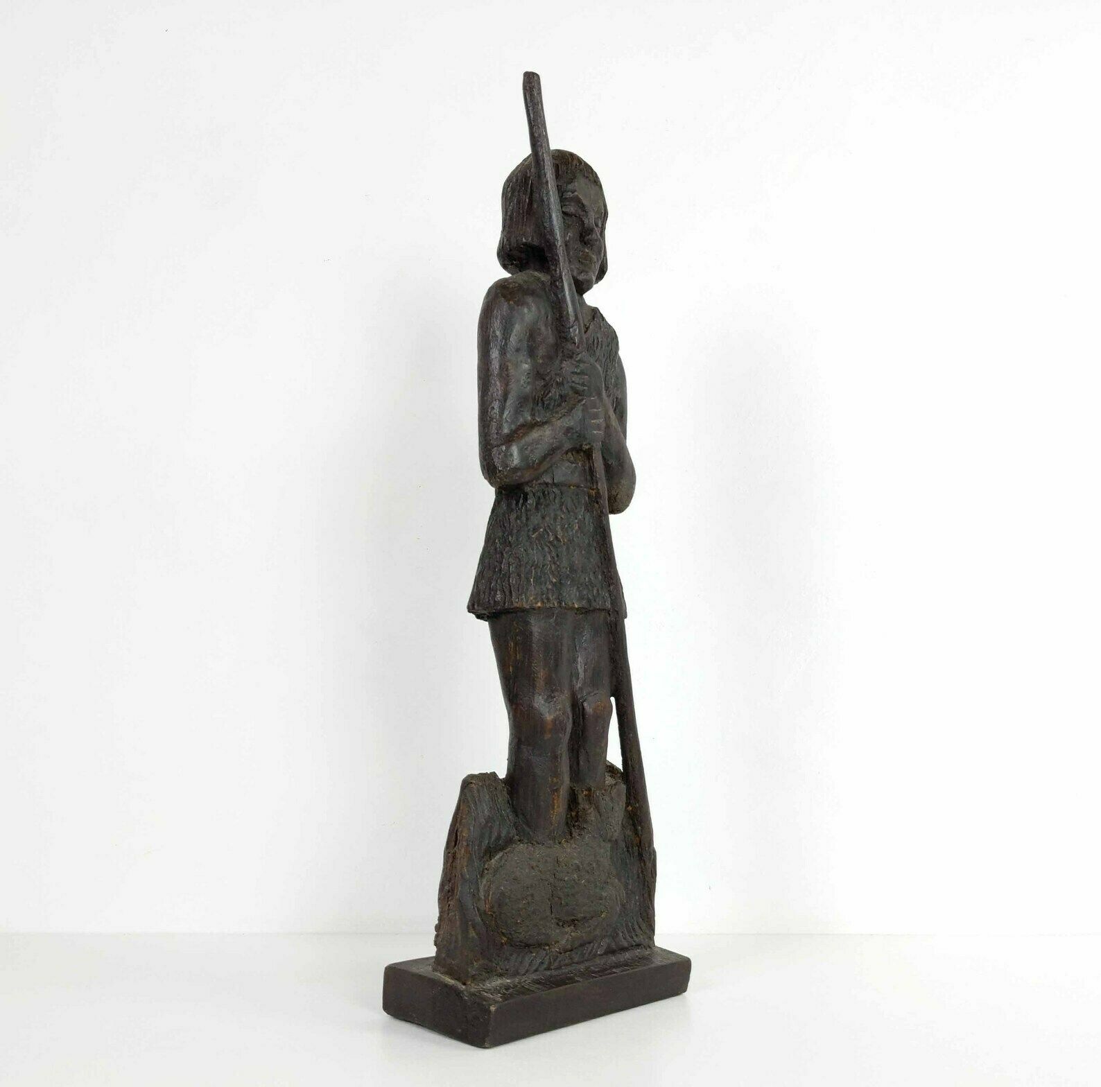 Large 1960s French Wood Sculpture Of A Shepherd And Sheep, Mid Century Handmade Wooden Statue photo vinterior