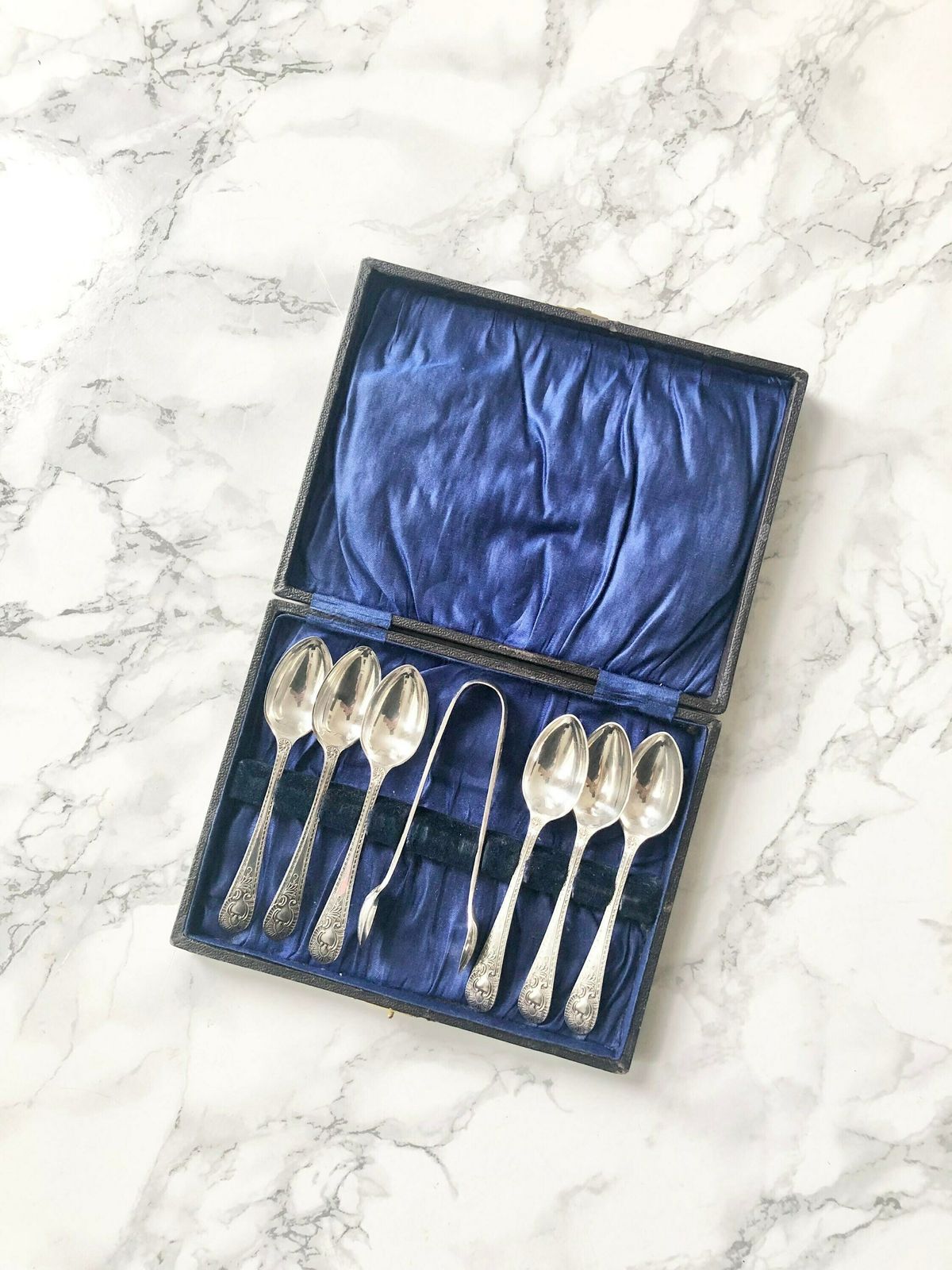 Set Of 6 Antique Silver Plated Teaspoons With The Matching Sugar Tong   Original Box photo furniture