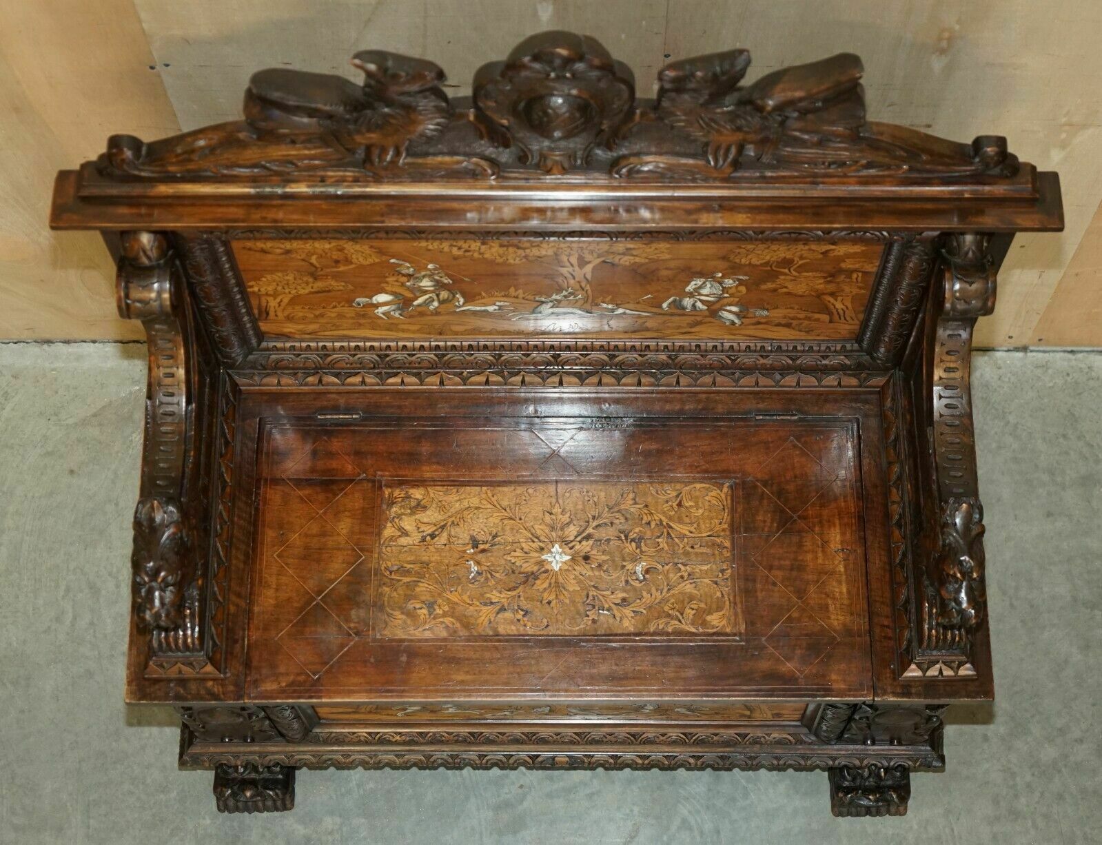 photo buy Antique Lion Griffon Carved Italian 1860 Monks Settle Bench Internal Storage