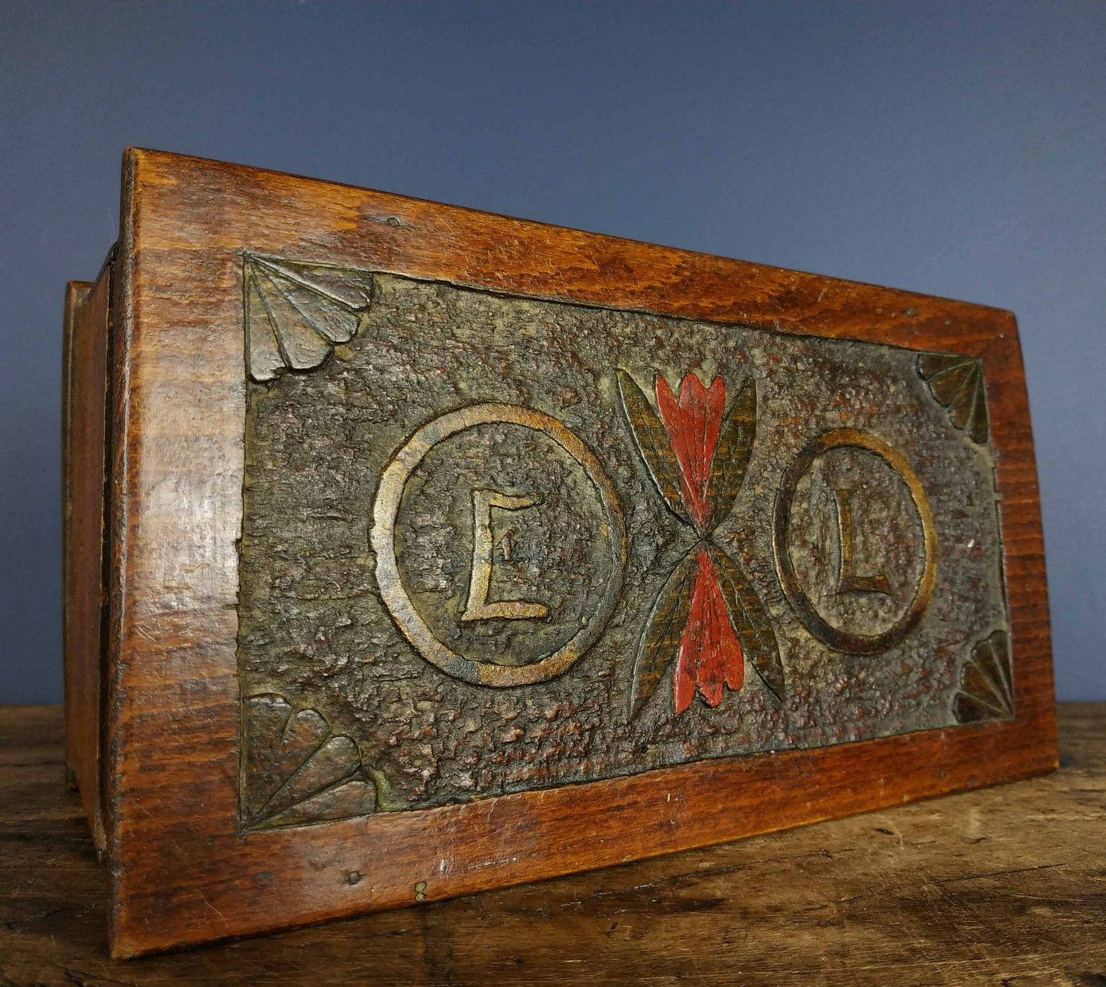 Antique French Hand Carved Folk Art Mahogany Wood Tobacco Leaf Box, Antique Wooden Container, Antique Cigar Box, Antique Cigarette Box