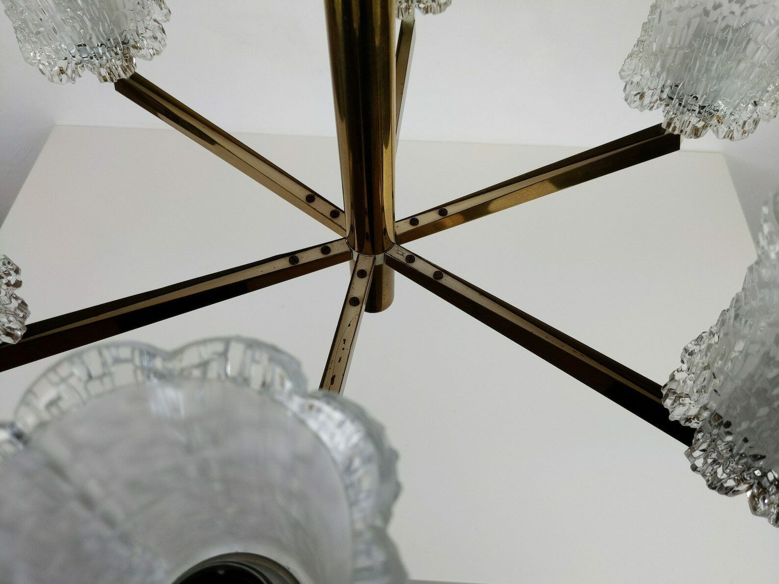 photo for sale Vintage Mcm 1960s 6 Arm Brassed And Pressed Frosted Crystal Glass Chandelier Light