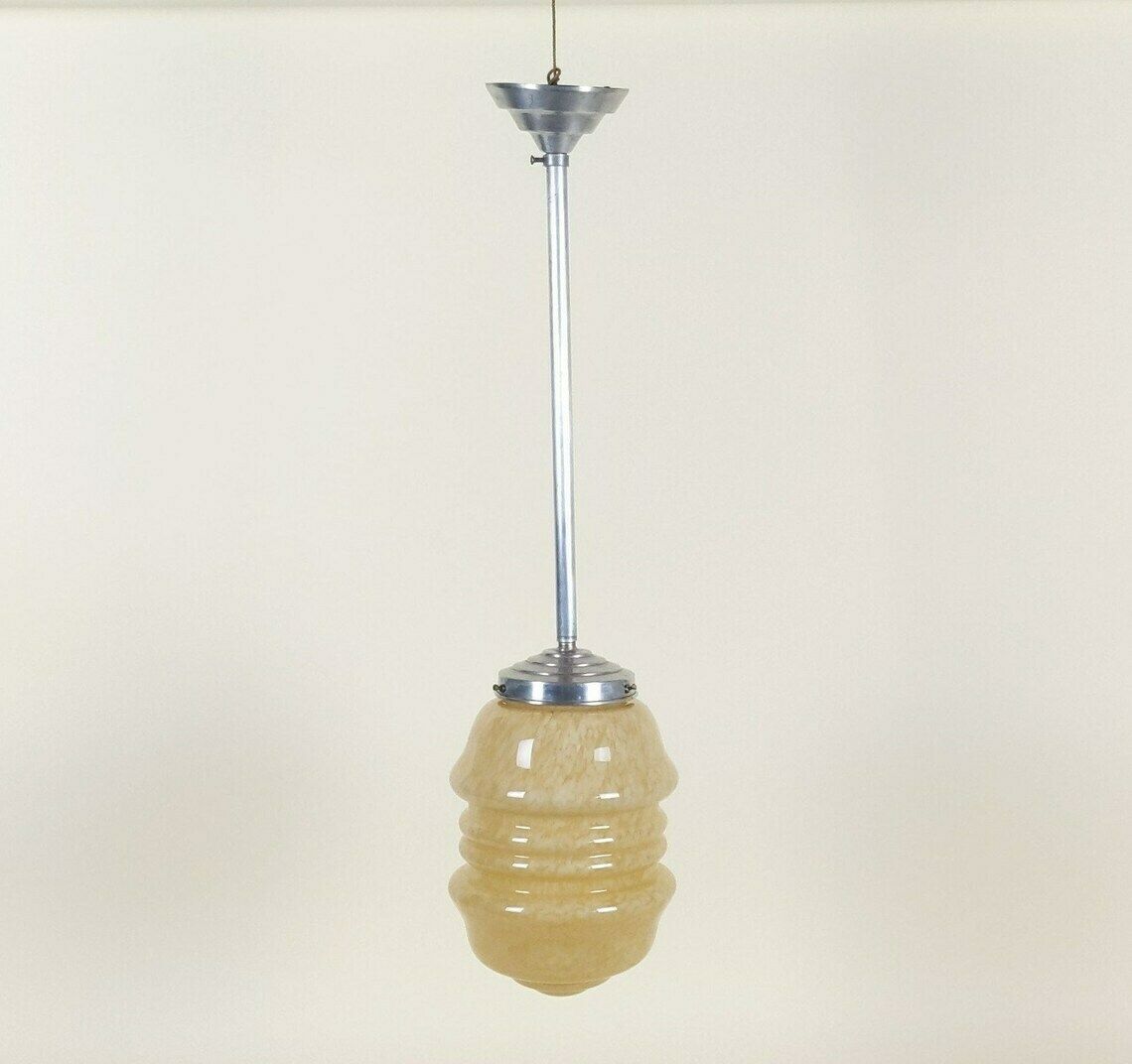 Vintage French Tiered Yellow Marbled Glass Pendant Light 1930s Electric Ceiling Light With Galley And Integrated Ceiling Rose