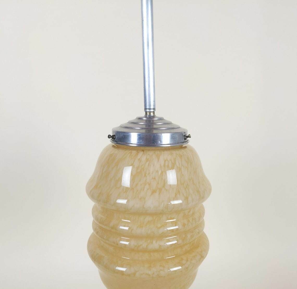 Vintage French Tiered Yellow Marbled Glass Pendant Light 1930s Electric Ceiling Light With Galley And Integrated Ceiling Rose photo for sale