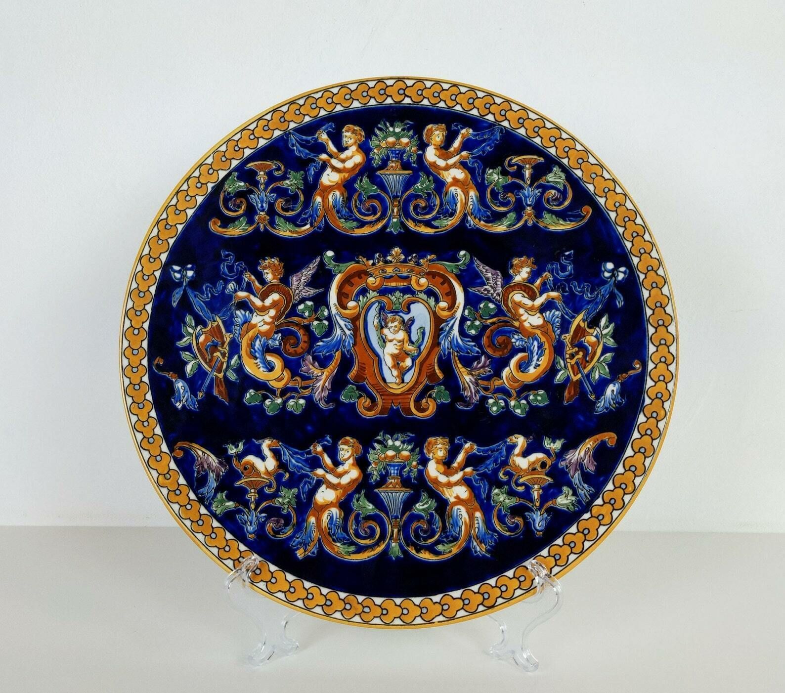 Large French Gien Pottery Royal Cobalt Blue Hand Painted Renaissance Style Cherub And Putti Dish