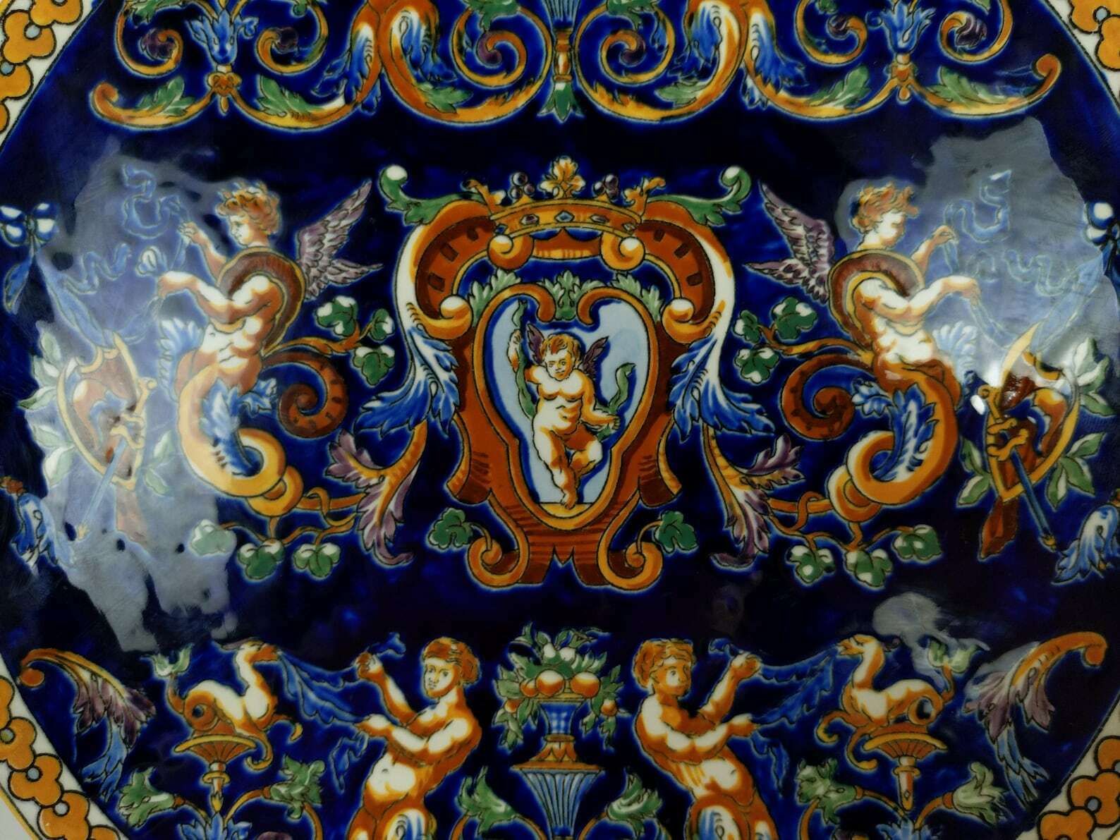 Large French Gien Pottery Royal Cobalt Blue Hand Painted Renaissance Style Cherub And Putti Dish photo Home Decor