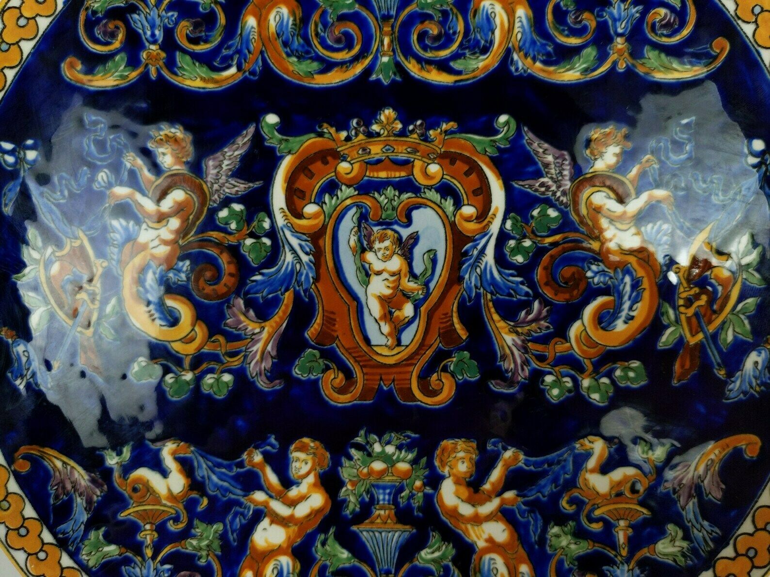 Large French Gien Pottery Royal Cobalt Blue Hand Painted Renaissance Style Cherub And Putti Dish photo buy
