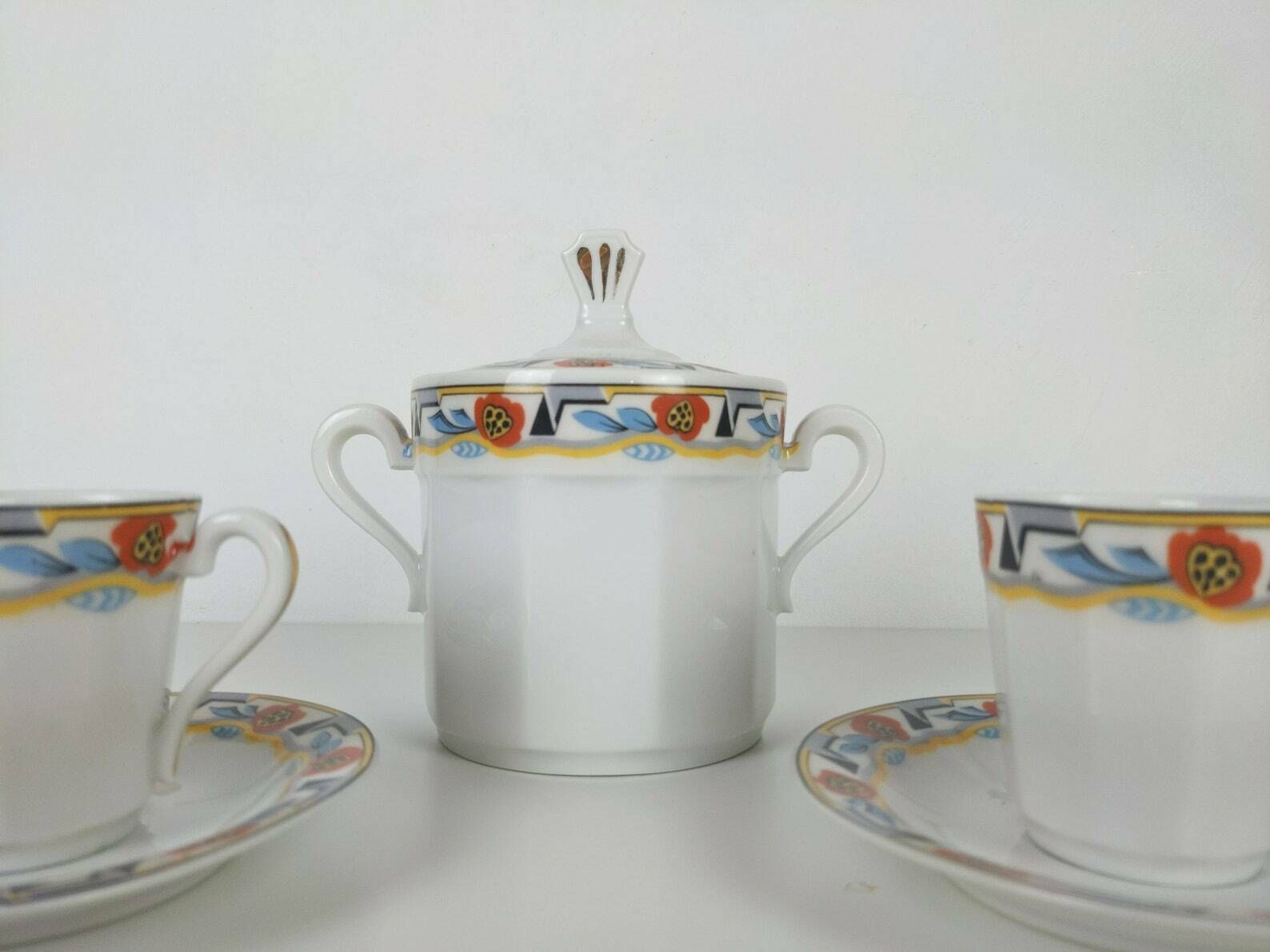Vintage French Art Deco Limoges Porcelain Espresso Coffee Cups And Saucers With Matching Sugar Bowl With Geometric Flower Design photo furniture