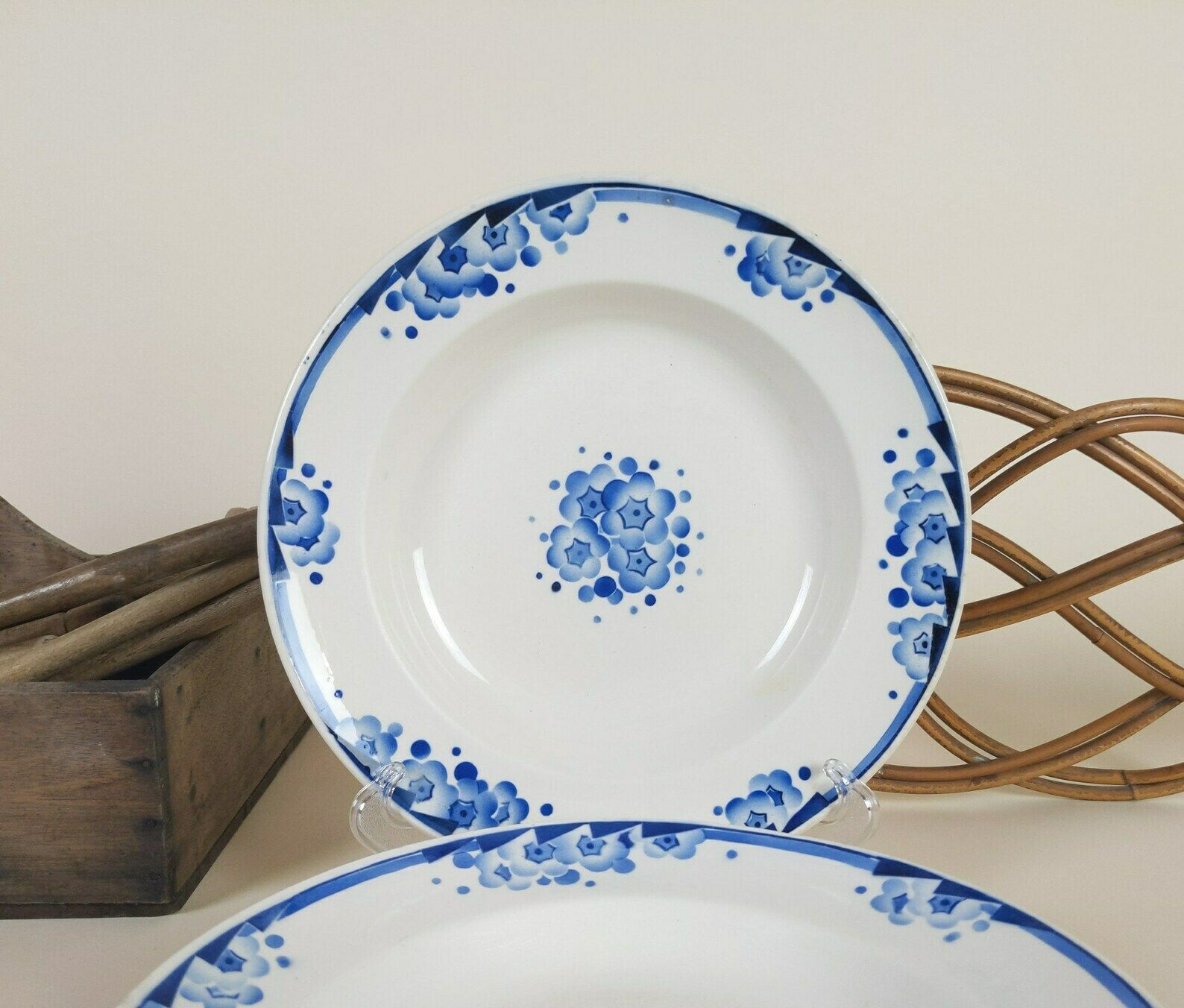 4 French Ironstone Pottery Bowls With Blue Transferware Art Deco Flowers Decoration By Boch Freres, Rustic Ceramic Tableware photo furniture
