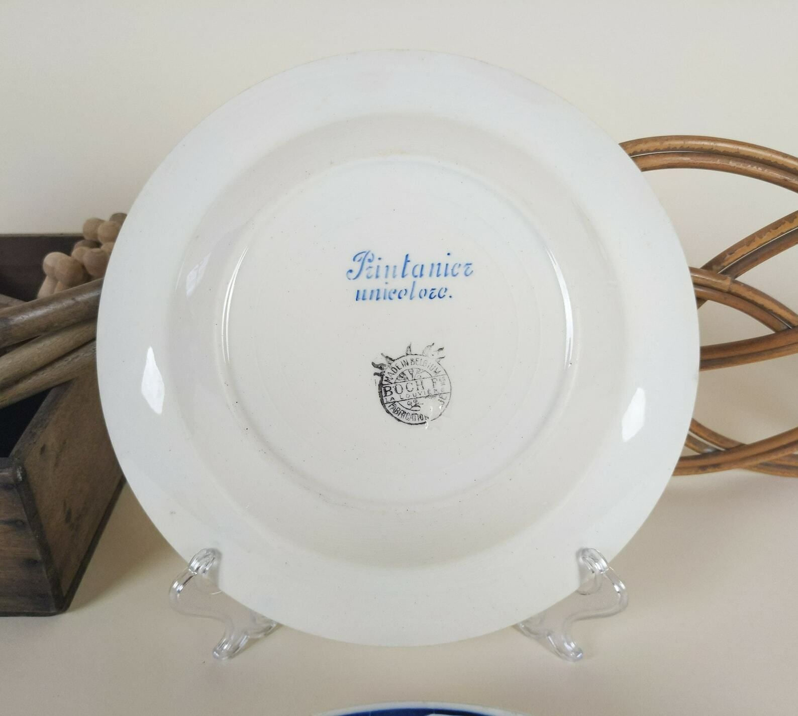 photo furniture 4 French Ironstone Pottery Bowls With Blue Transferware Art Deco Flowers Decoration By Boch Freres, Rustic Ceramic Tableware