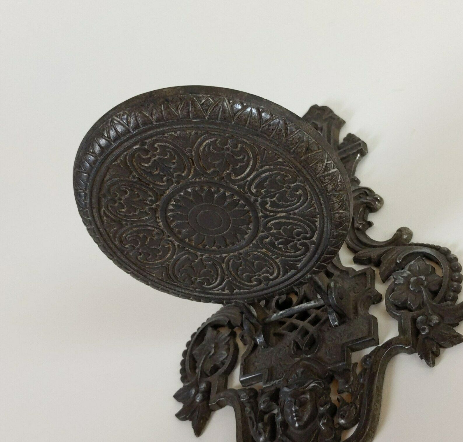French Antique Pewter Metal Wall Hanging Folding Travelling Castle Candle Holder & Religious Statue Stand Shelf Late 1800s Victorian Period photo vinterior