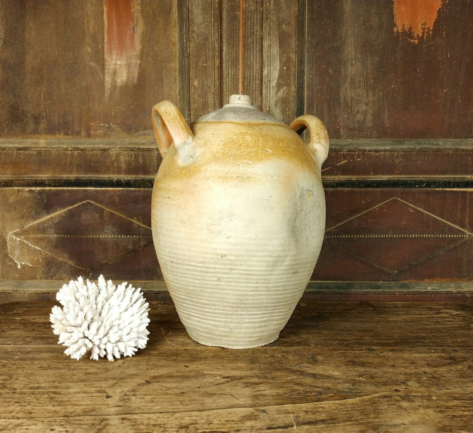 Very Large French Antique Salt Glazed Stoneware Primitive Ceramic Earthenware Wine Vinegar Jar With Handles, Early 20th Century 1900's