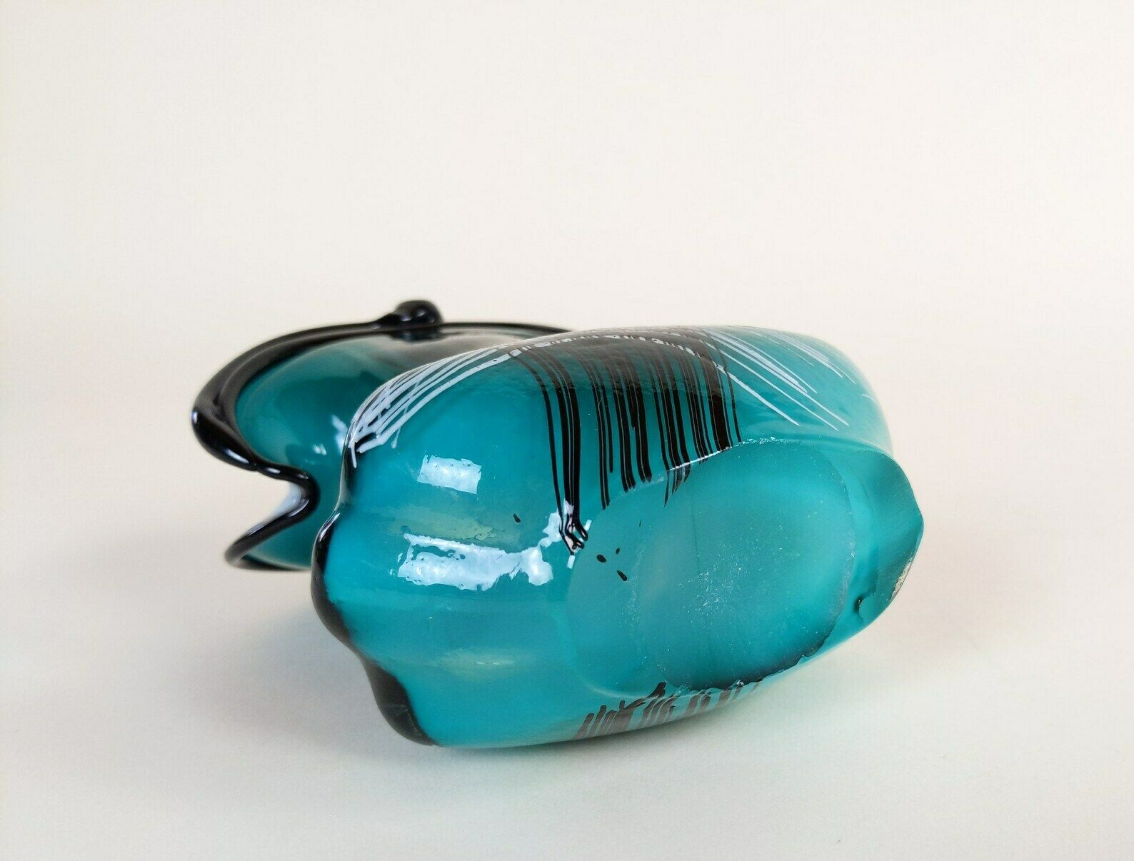 Vintage Green And Black Italian Murano Italy Glass Flared Purse Shaped Flower Vase photo vintage