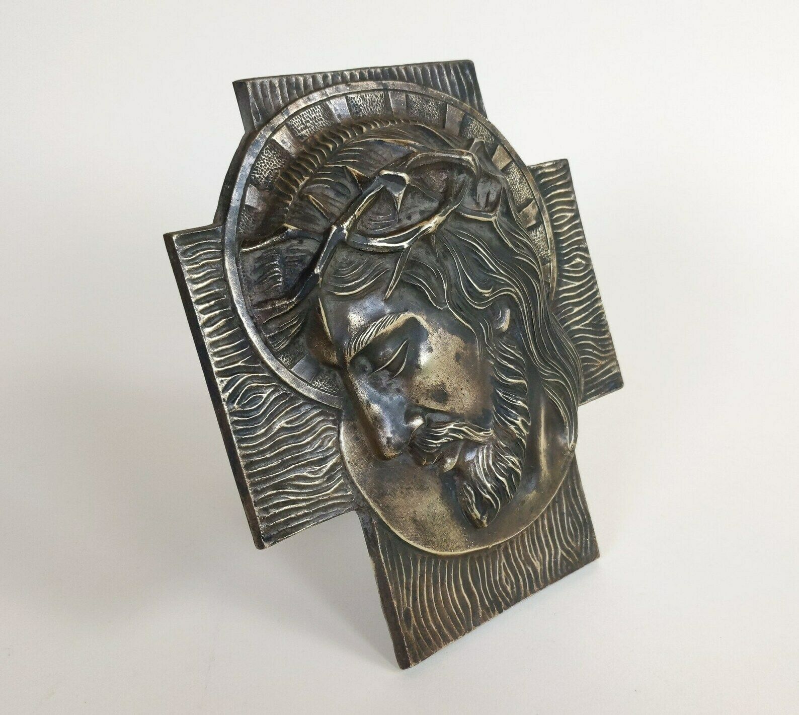 French Antique Solid Bronze Patinated Christian Religious Jesus Christ Door Or Wood Panel Crown Of Thorns Crucifix Sculpture Signed Rosnac photo buy
