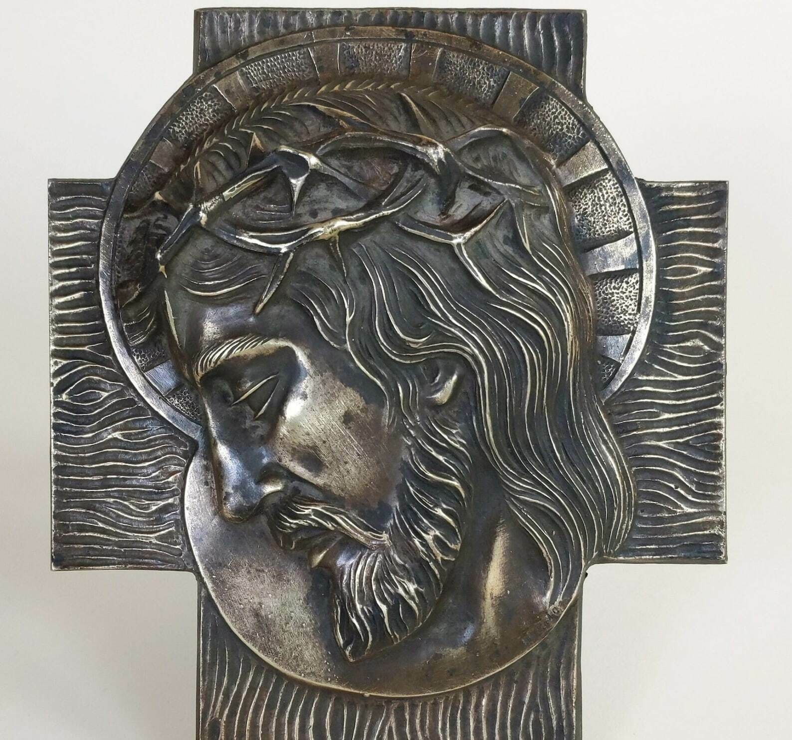 French Antique Solid Bronze Patinated Christian Religious Jesus Christ Door Or Wood Panel Crown Of Thorns Crucifix Sculpture Signed Rosnac photo vintage